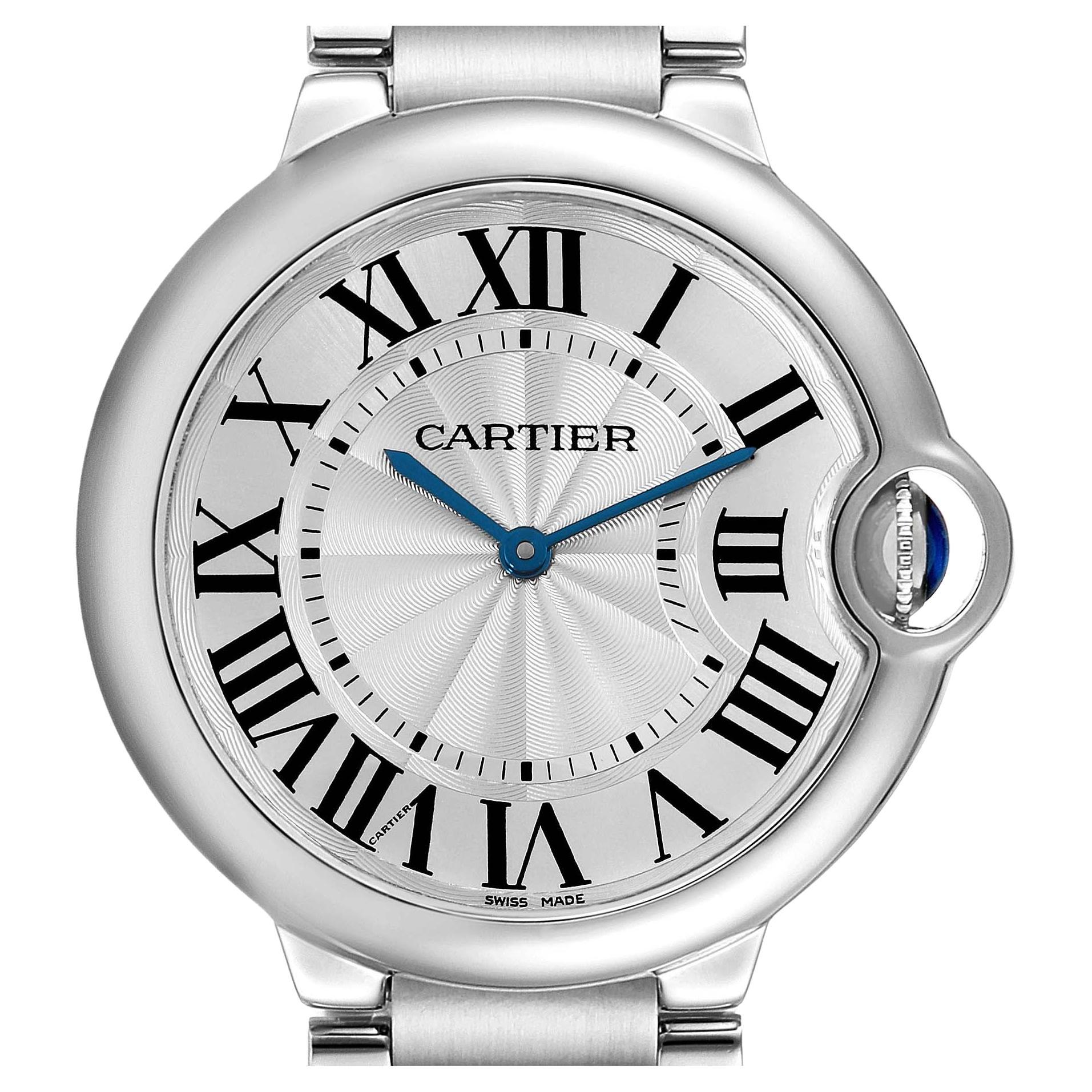 Cartier Ballon Bleu 36mm Silver Guilloche Dial Steel Mens Watch W69011Z4