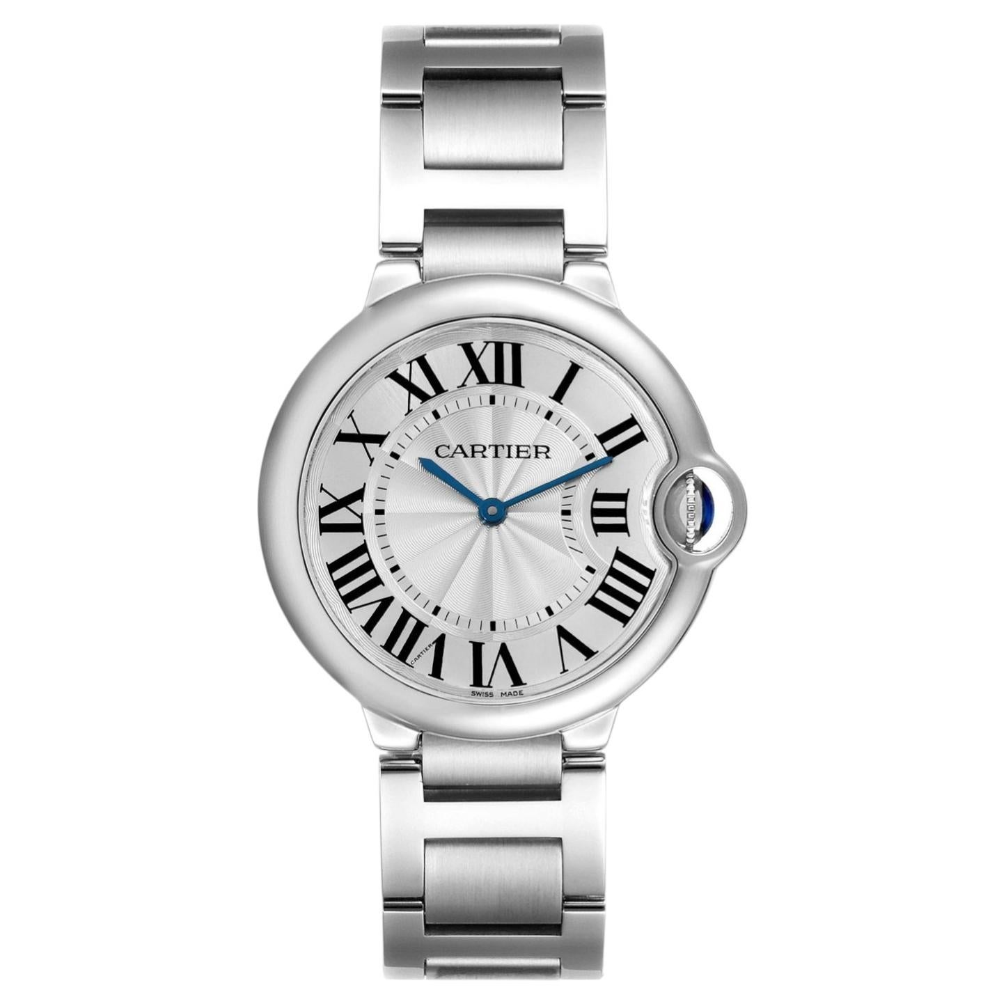 Cartier Ballon Bleu 36mm Silver Guilloche Dial Steel Quartz Mens Watch W69011Z4