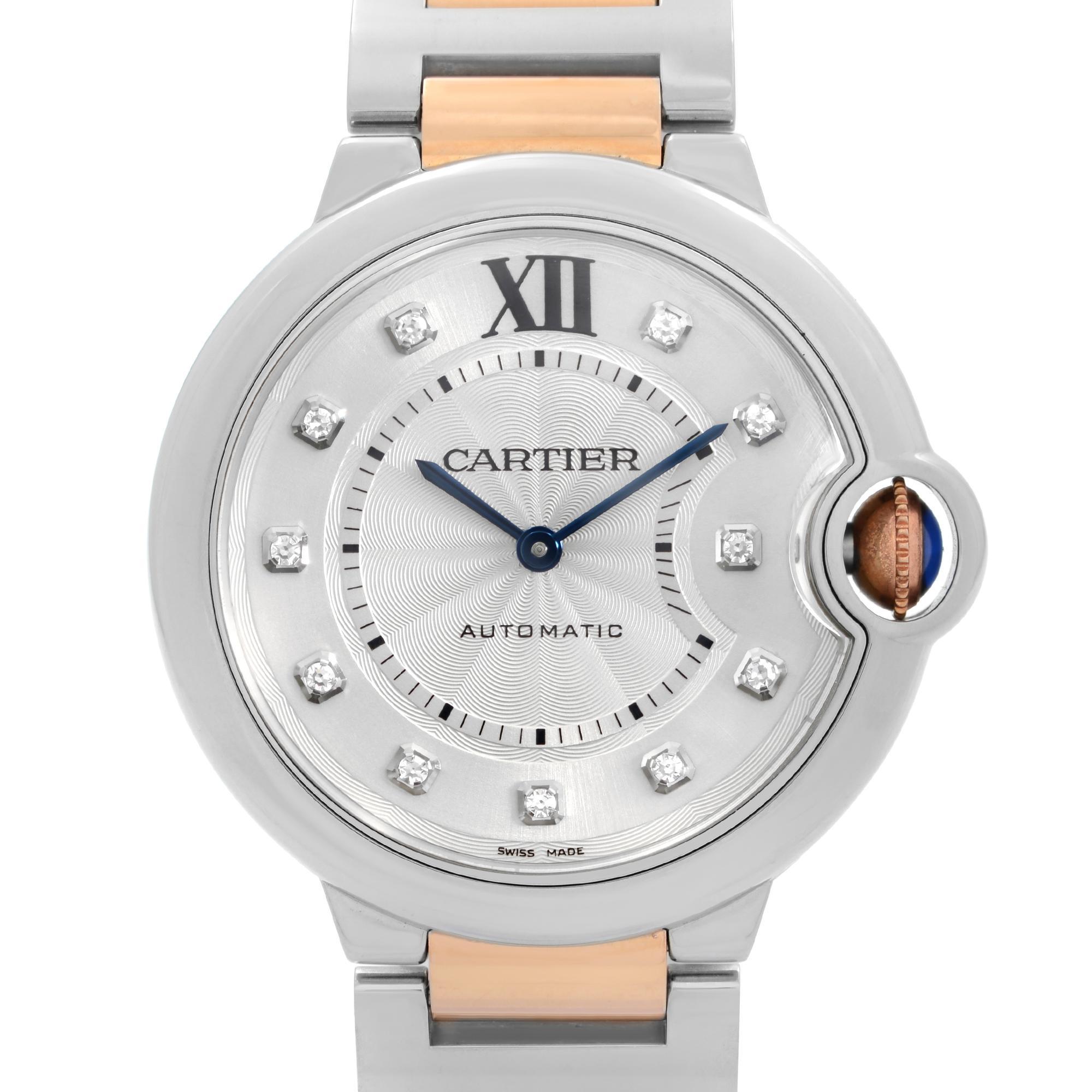 Pre-owned Cartier Ballon Bleu Steel 18K Yellow Gold Silver Diamond Dial Automatic Ladies Watch W3BB0018  ref 3284. This Beautiful Timepiece is Powered by Mechanical (Automatic) Movement Features: Stainless Steel Case with a Two-Tone Bracelet, Fixed
