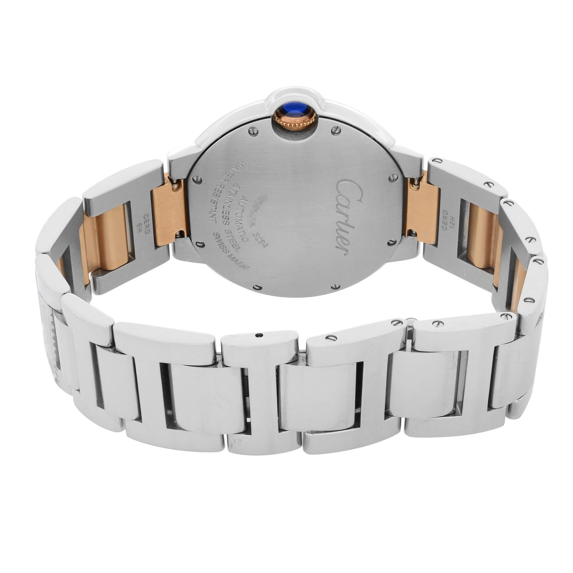 Cartier Ballon Bleu Steel 18K Rose Gold Diamond Dial Ladies Watch W3BB0018 In Excellent Condition In New York, NY