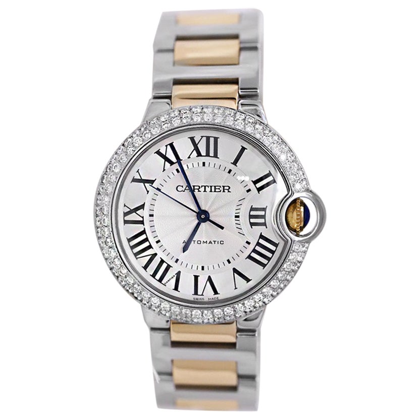 Cartier Montre unisexe Ballon en acier et or jaune 18 carats avec cadran argenté bicolore, 36 mm