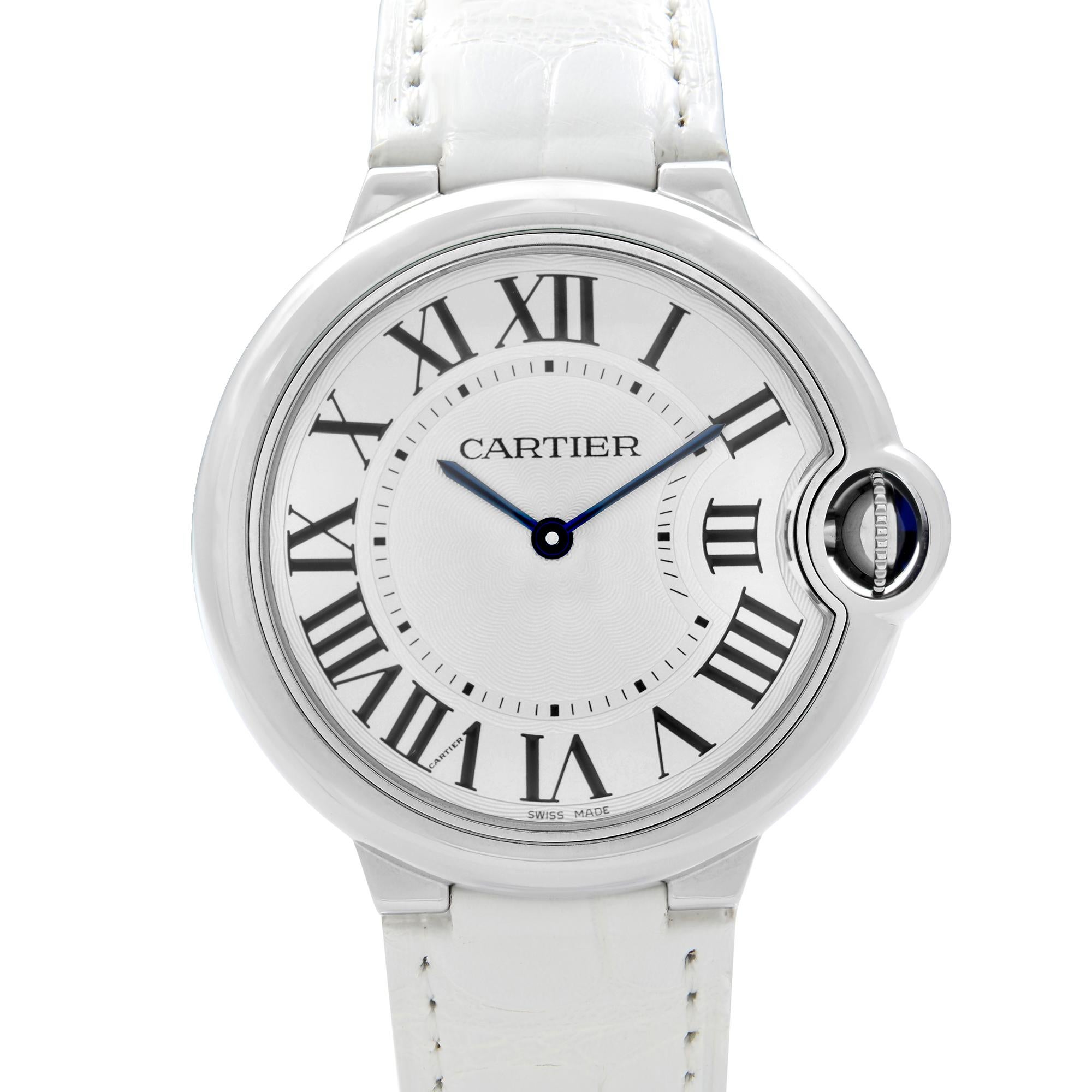 Pre Owned Like New Cartier Ballon Bleu 36mm Steel Silver Dial Automatic Unisex Quartz Watch 3005. This Beautiful Timepiece is Powered by Quartz (Battery) Movement And Features: Round Stainless Steel Case with a White Leather Strap, Fixed Stainless