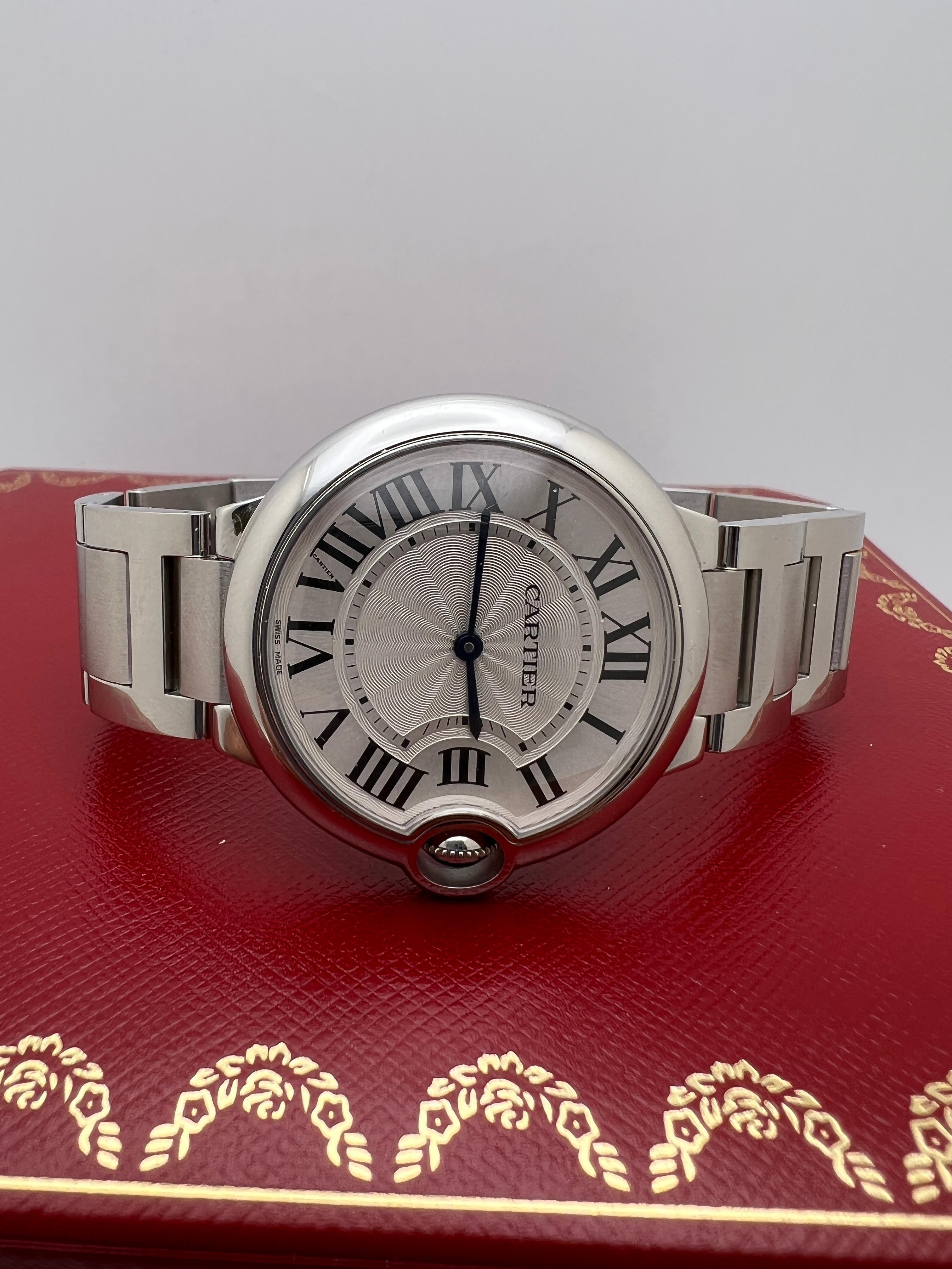 Cartier Ballon Bleu 36mm W69011Z4 Quadrante Argento Acciaio Quarzo Orologio Scatola e Documenti In condizioni ottime in vendita a New York, NY