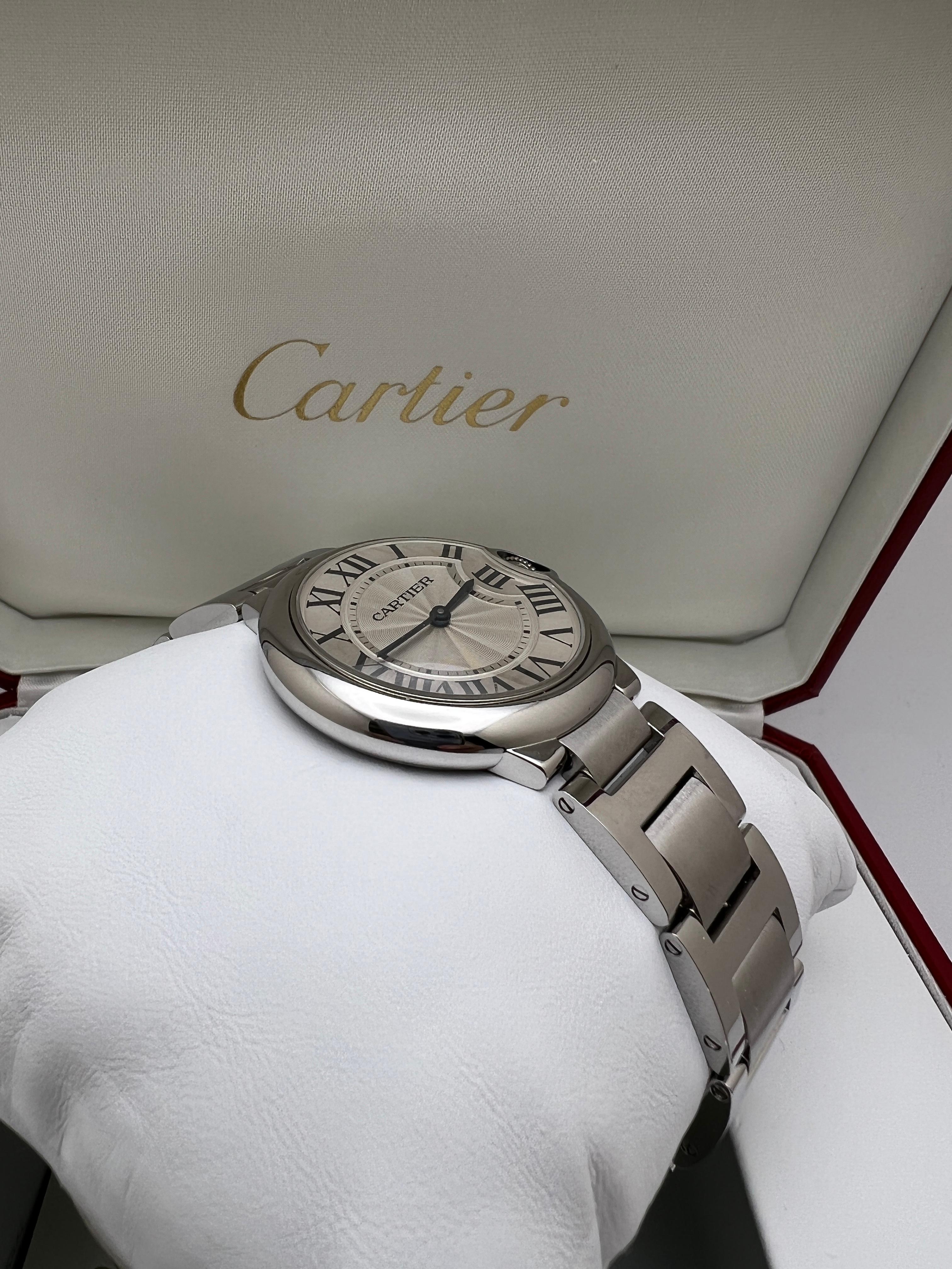 da uomo o donna Cartier Ballon Bleu 36mm W69011Z4 Quadrante Argento Acciaio Quarzo Orologio Scatola e Documenti in vendita