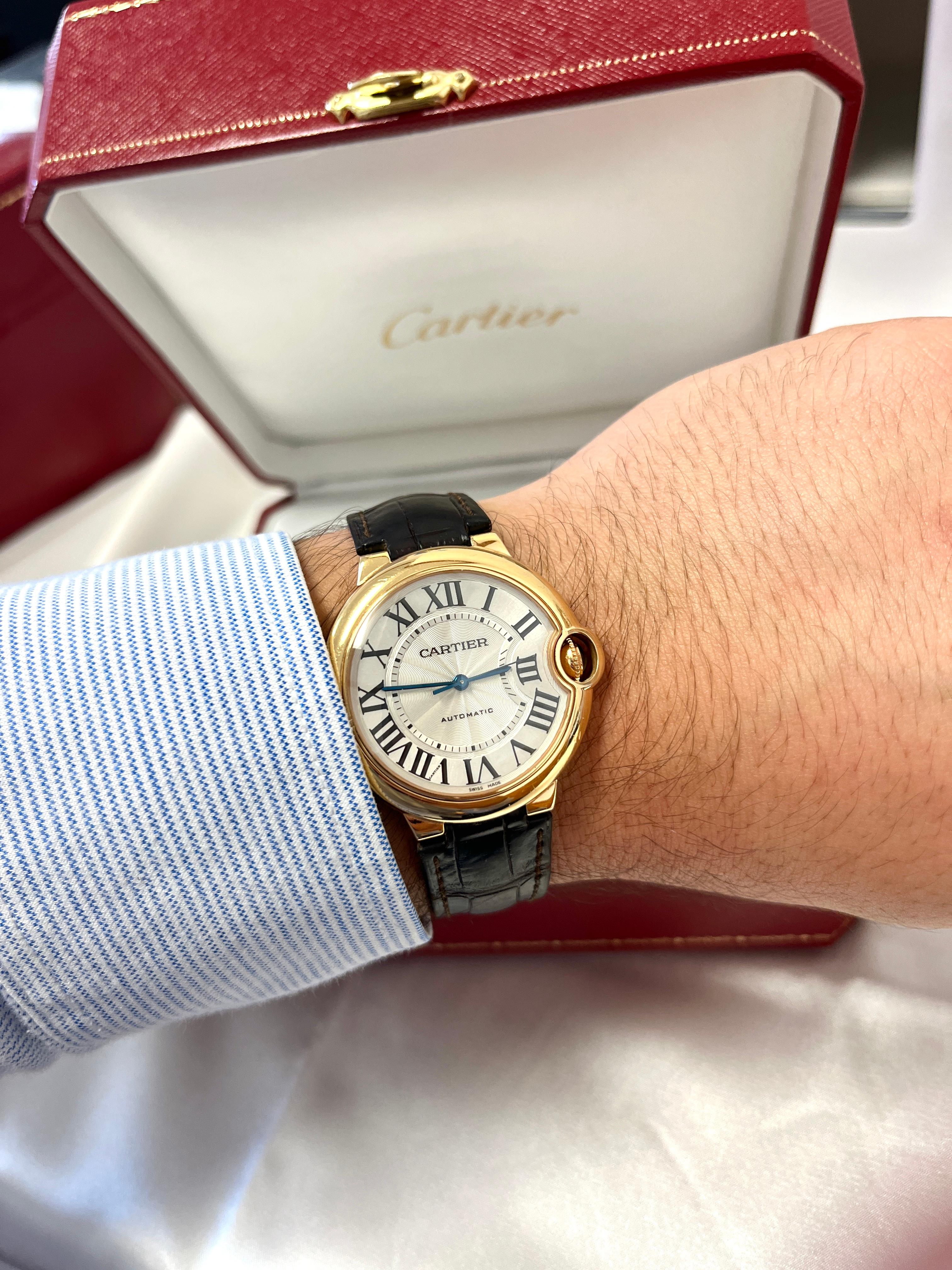 Art Deco Cartier Ballon Bleu 36mm Watch In 18K Gold With Leather Strap & Box/Papers  For Sale