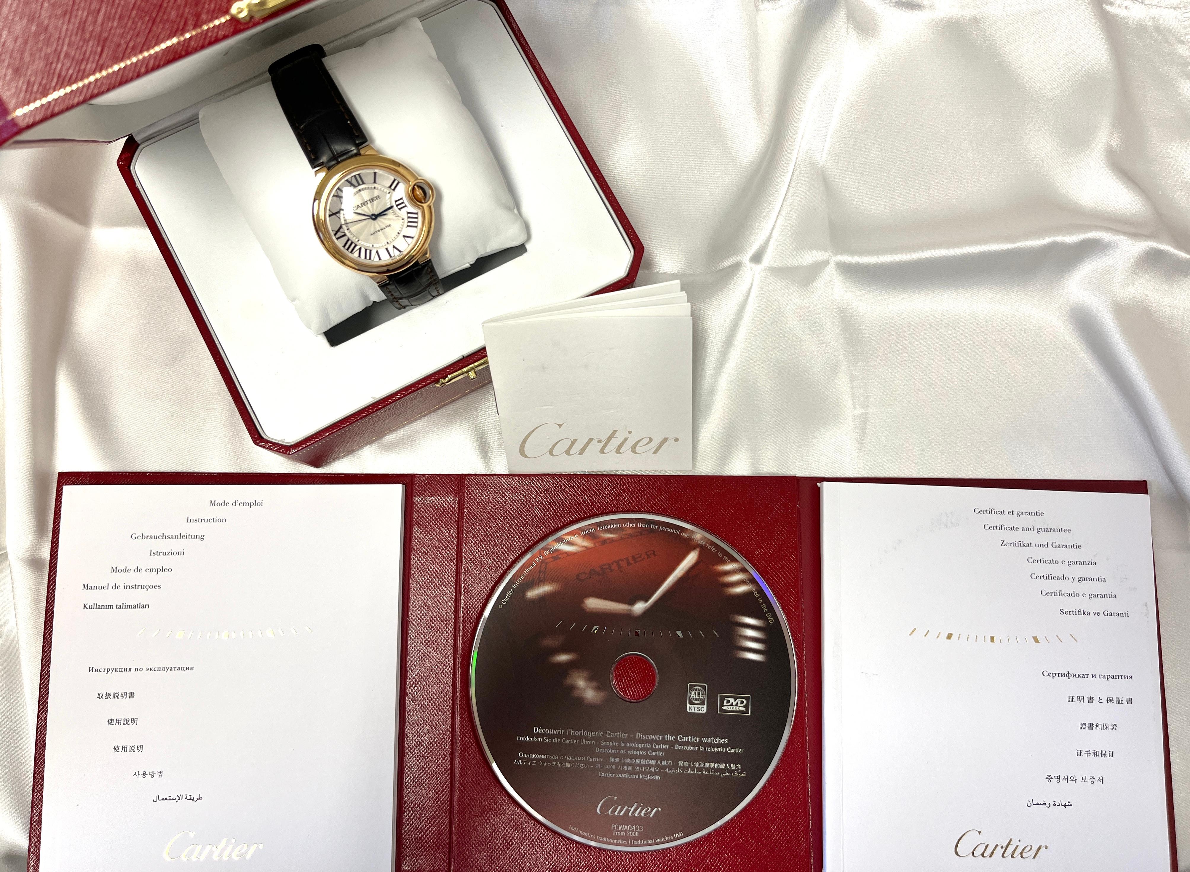 Cartier Ballon Bleu 36mm Watch In 18K Gold With Leather Strap & Box/Papers  In Good Condition For Sale In Miami, FL