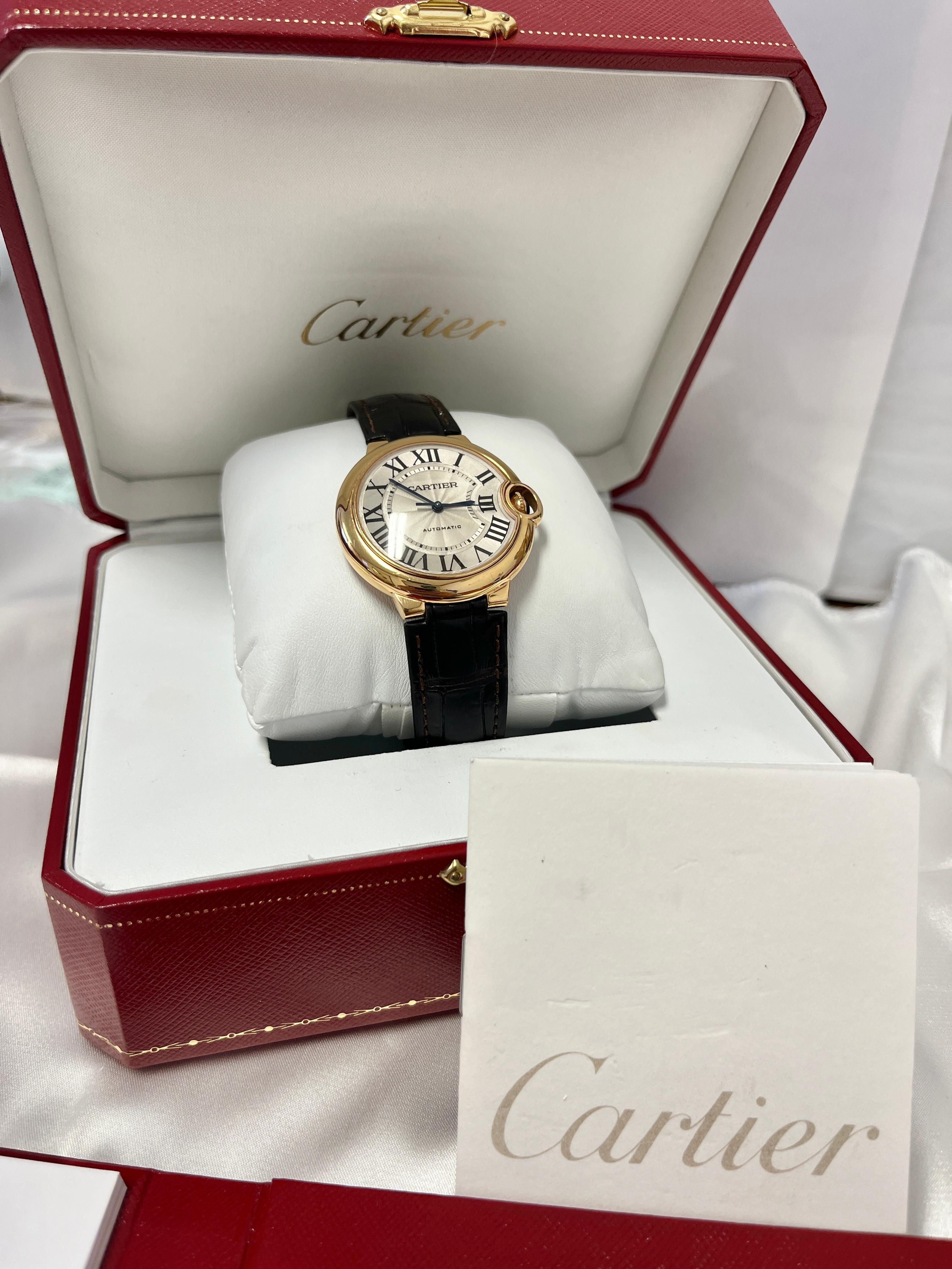 Women's or Men's Cartier Ballon Bleu 36mm Watch In 18K Gold With Leather Strap & Box/Papers For Sale