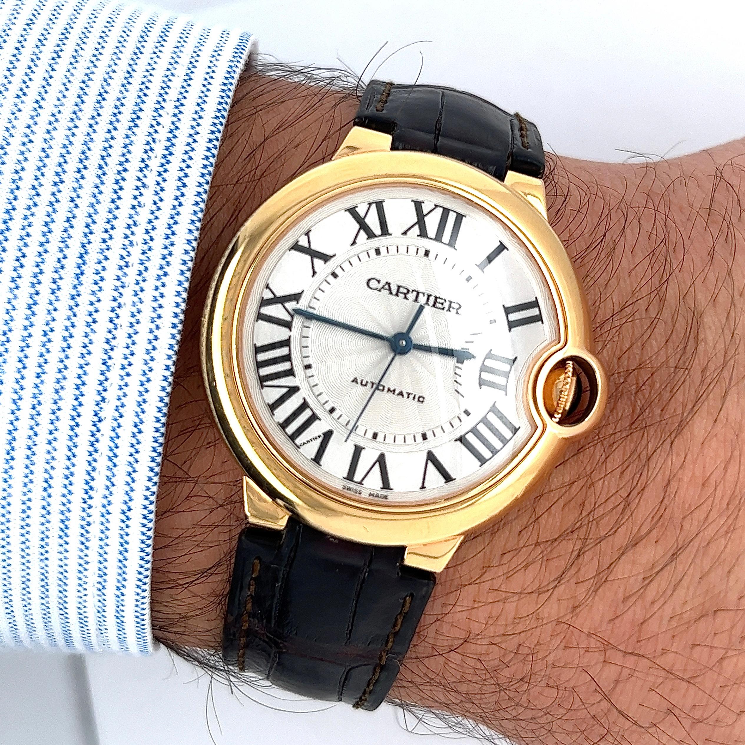 Cartier Ballon Bleu 36mm Watch In 18K Gold With Leather Strap & Box/Papers For Sale 1
