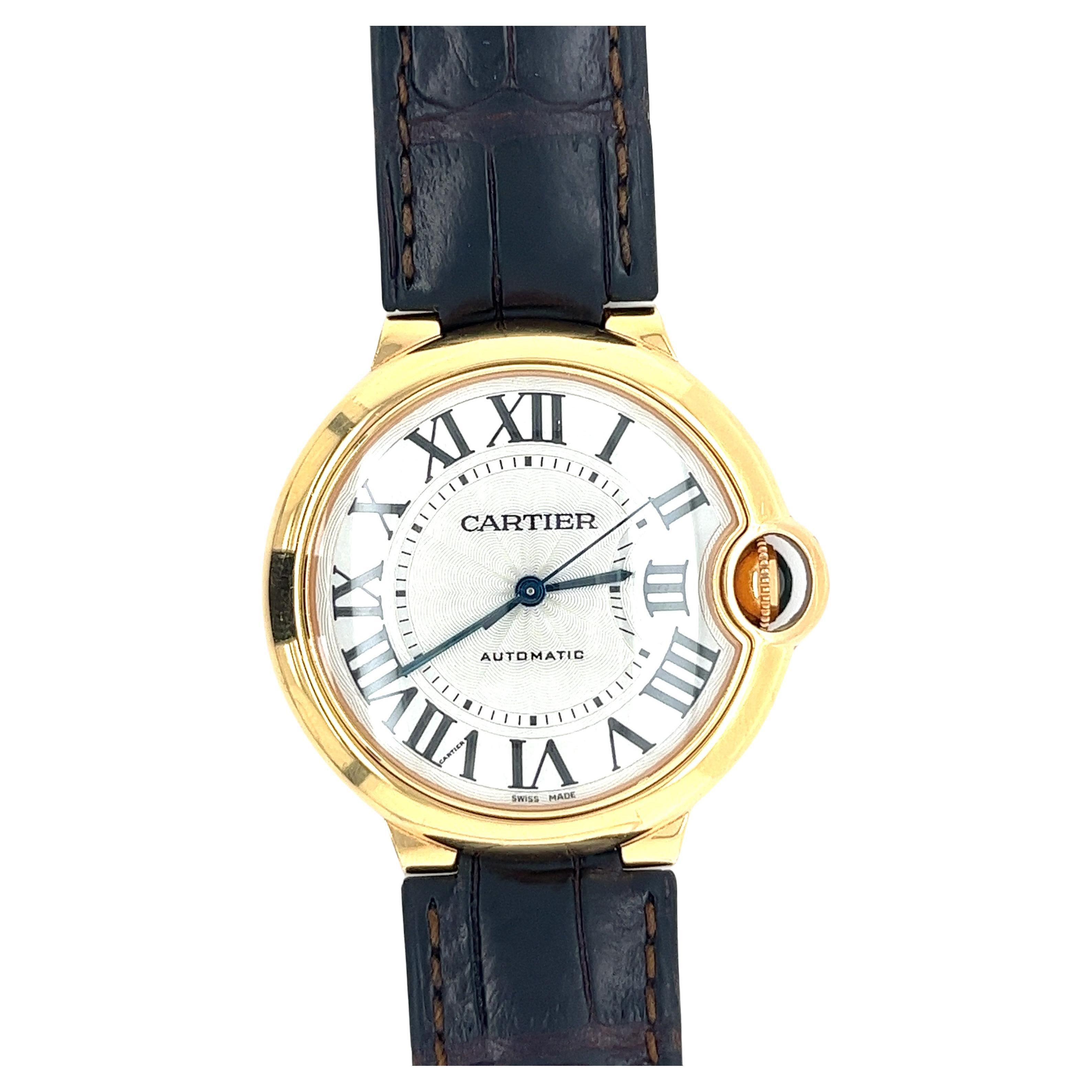 Cartier Ballon Bleu 36mm Watch In 18K Gold With Leather Strap & Box/Papers  For Sale