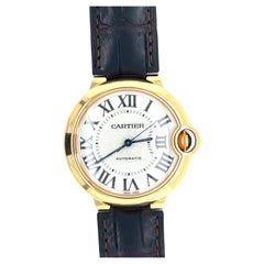 Cartier Ballon Bleu 36mm Watch In 18K Gold With Leather Strap & Box/Papers 