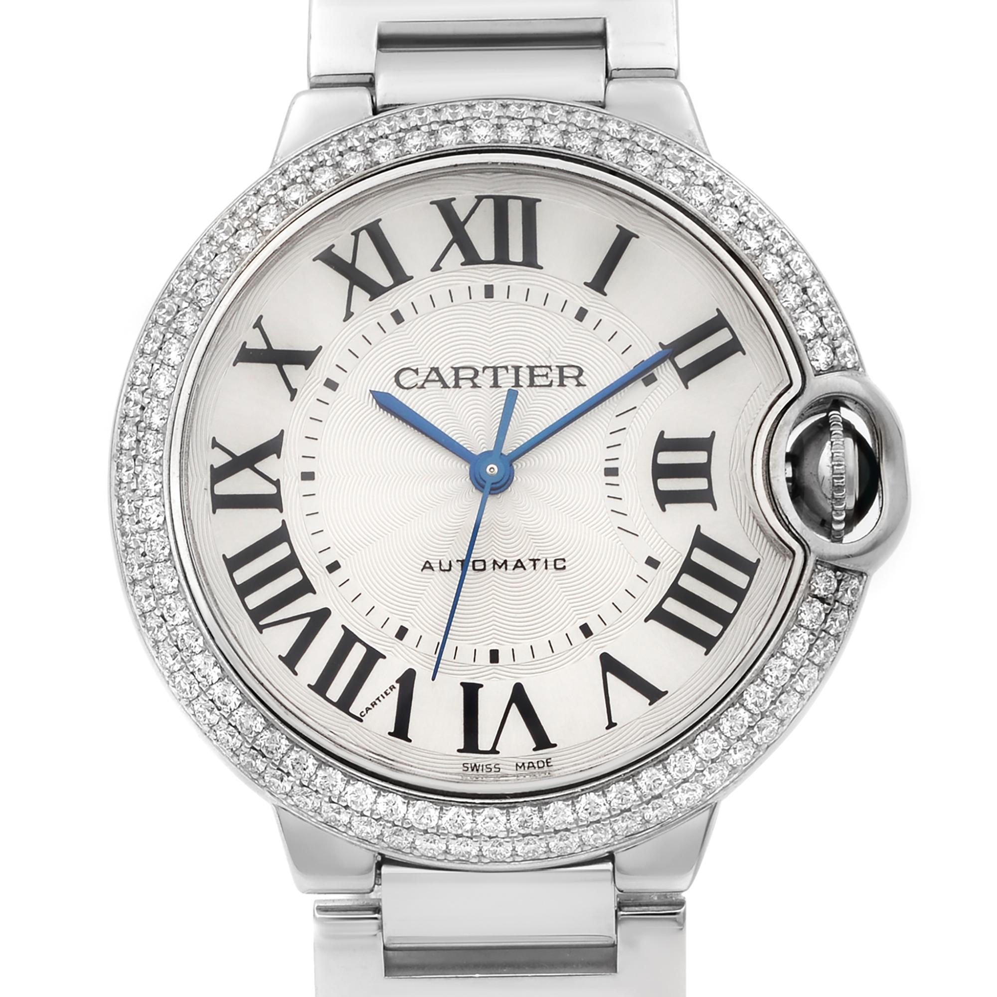 This pre-owned Cartier Ballon Bleu WE9006Z3 is a beautiful Unisex timepiece that is powered by mechanical (automatic) movement which is cased in a white gold case. It has a round shape face, no features dial and has hand roman numerals style