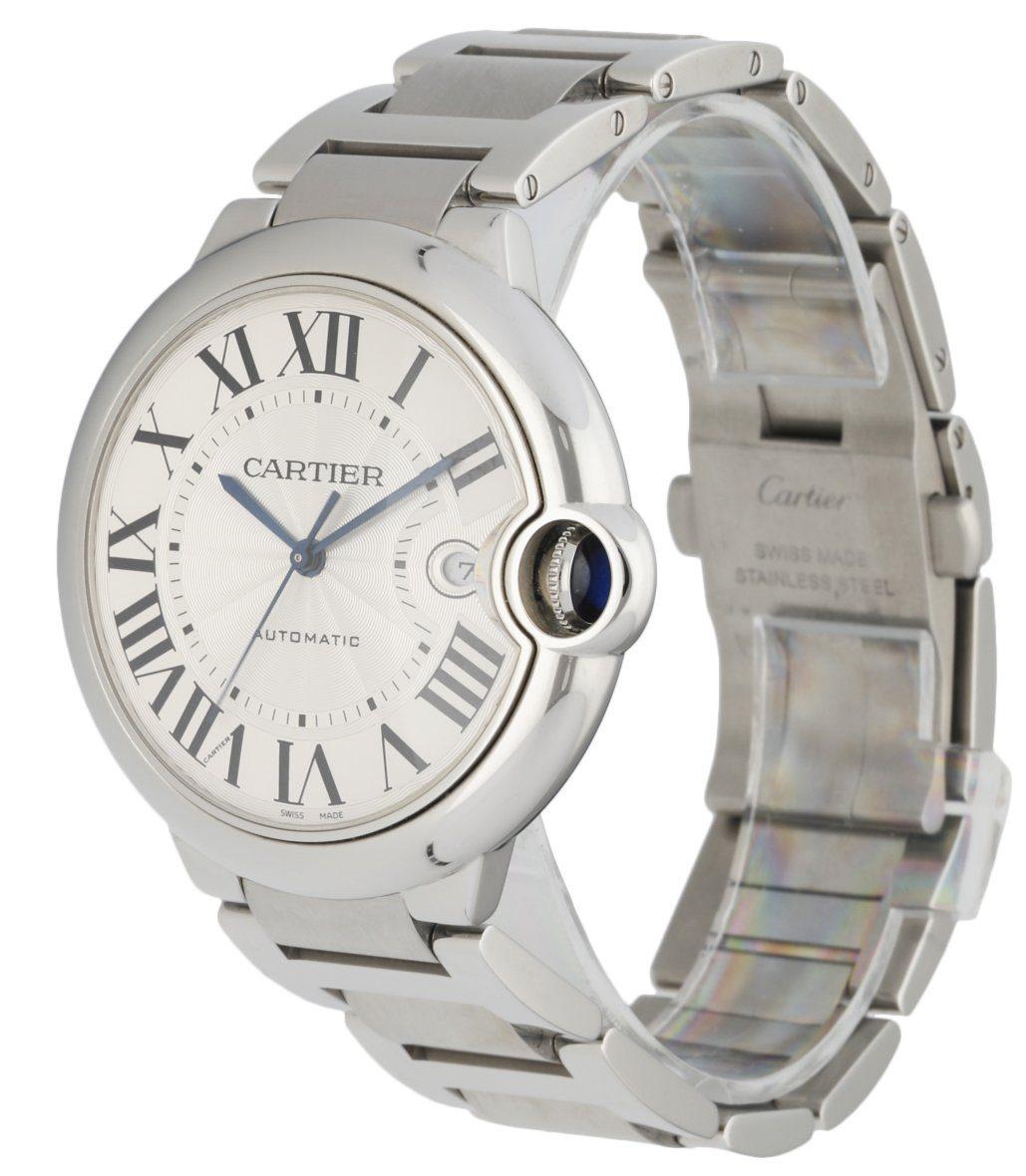 Cartier Ballon BleuÂ 3765 Men's Watch. 42mmÂ stainless steel case with fixed smooth bezel. Silver dial with blue steel hands and Black Roman numeral hour markers. Minute marker around the inner dial. Date display at the 3 o'clock position.Â