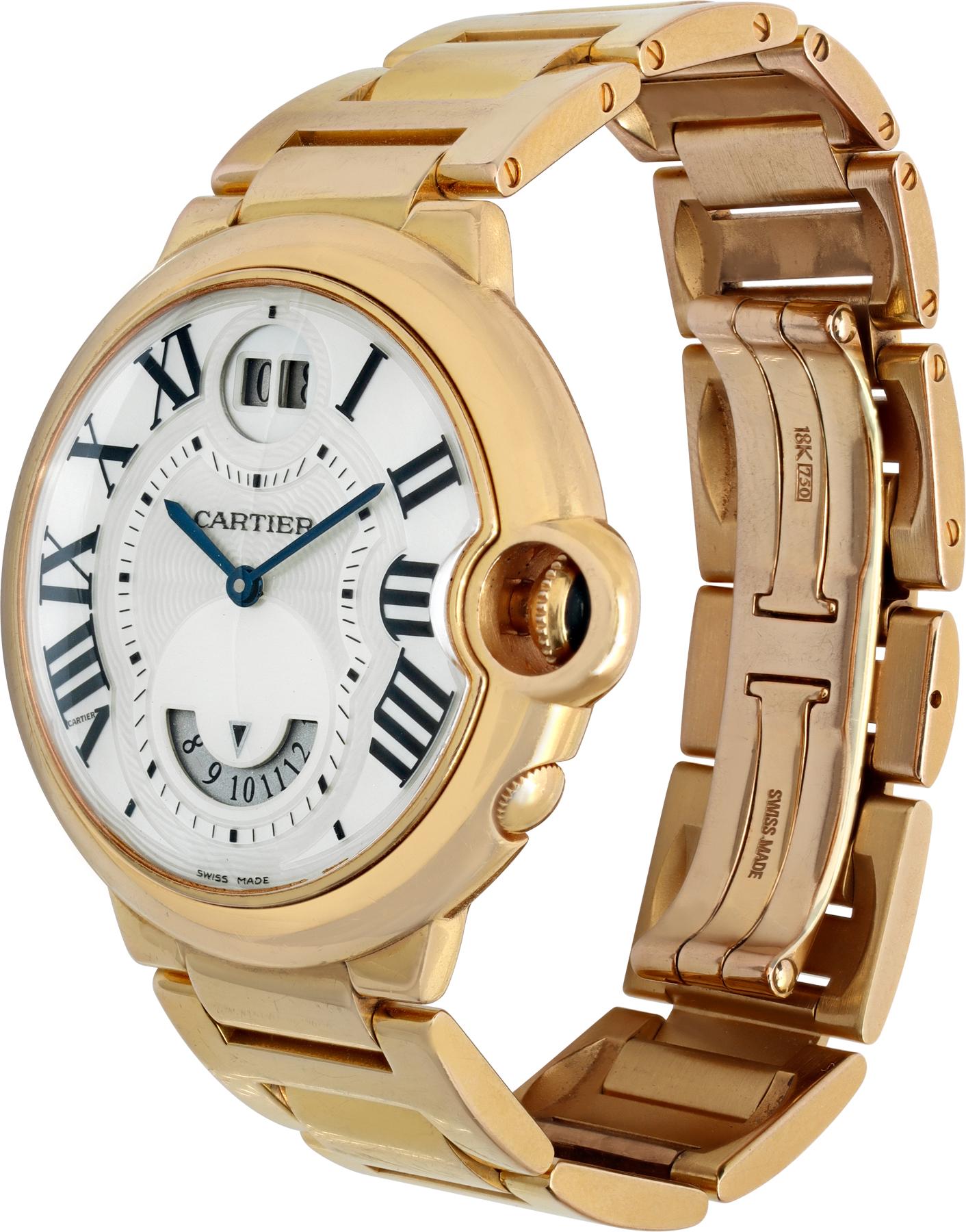 Cartier Ballon Bleu in 18k rose gold. Minute markers around the inner ring. Date display at the 12 o'clock position. Quartz with date and dual time zone. 38 mm case size. With box. Ref w6920035. Fine Pre-owned Cartier Watch.

 Certified preowned