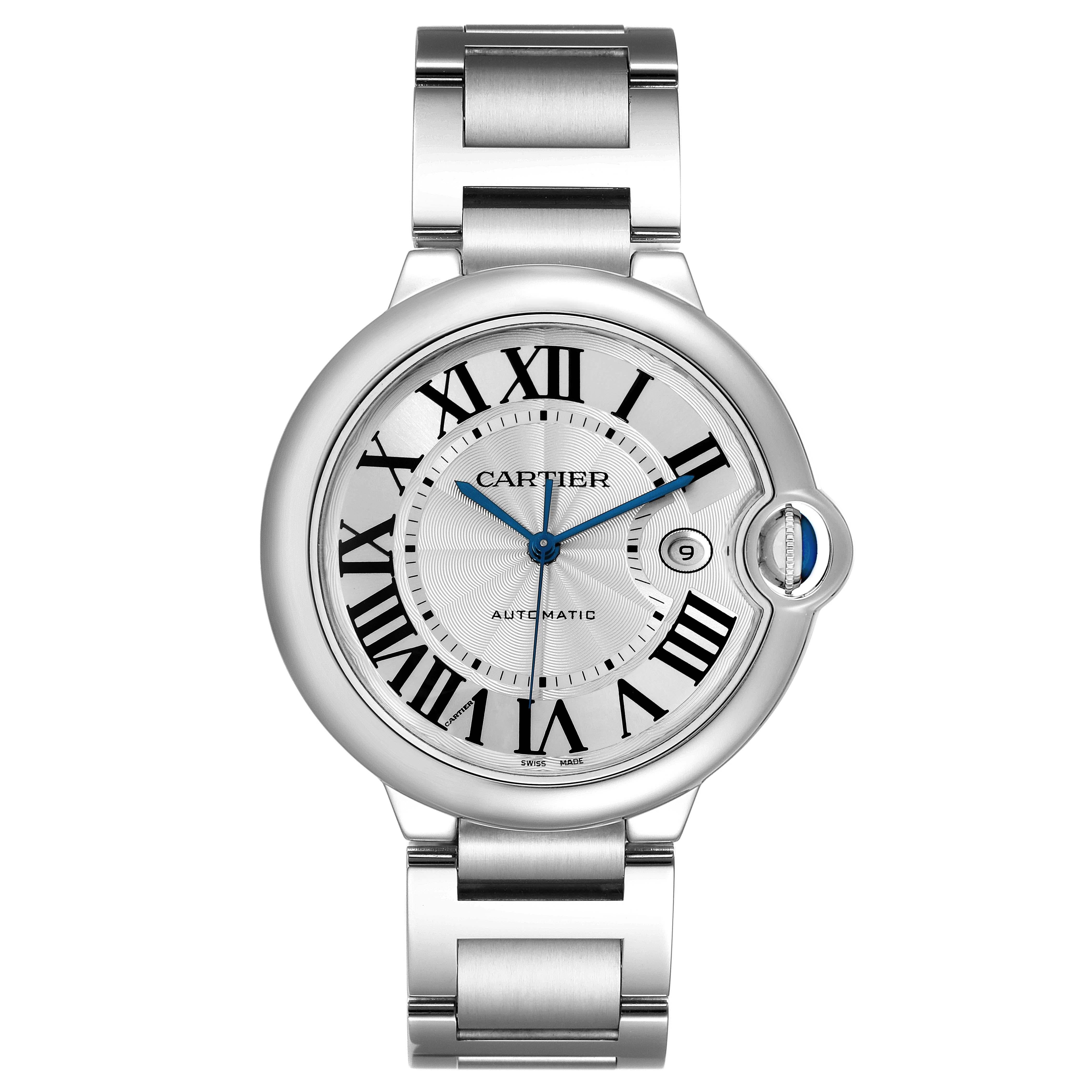 Cartier Ballon Bleu 42 Automatic Silver Dial Steel Mens Watch W69012Z4 Box Paper. Automatic self-winding movement. Round stainless steel case 42.0 mm in diameter, 13 mm thick. Fluted crown set with the blue spinel cabochon. Smooth stainless steel