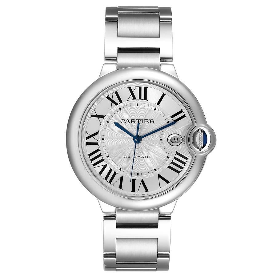 Cartier Ballon Bleu 42 Automatic Silver Dial Steel Mens Watch W69012Z4. Automatic self-winding movement. Round stainless steel case 42.0 mm in diameter, 13 mm thick. Fluted crown set with the blue spinel cabochon. Smooth stainless steel bezel.