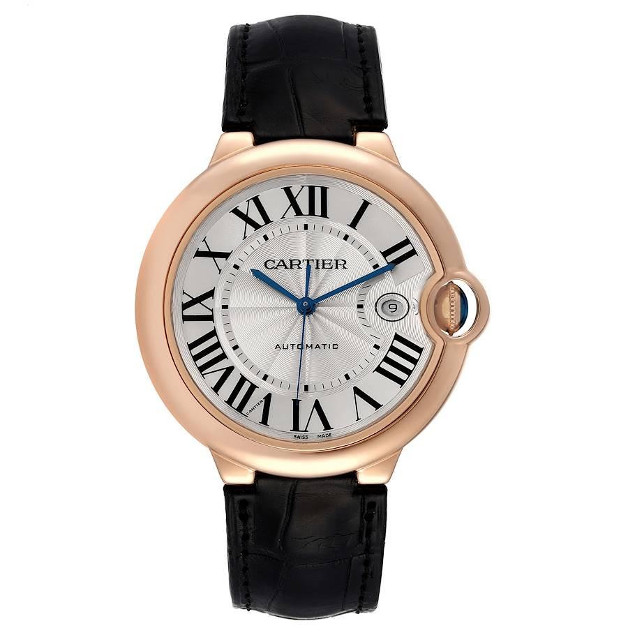 Cartier Ballon Bleu 42 mm Automatic Rose Gold Mens Watch W6900651. Automatic self-winding movement. 18K rose gold case 42.0 mm in diameter, 13.05 mm thick. Fluted crown set with the blue sapphire cabochon. Smooth 18K rose gold bezel. Scratch