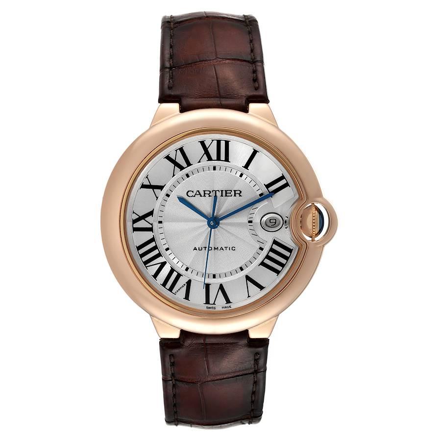 Cartier Ballon Bleu 42 mm Rose Gold Automatic Mens Watch W6900651. Automatic self-winding movement. 18K rose gold case 42.0 mm in diameter. Fluted crown set with the blue sapphire cabochon. 18K rose gold smooth bezel. Scratch resistant sapphire