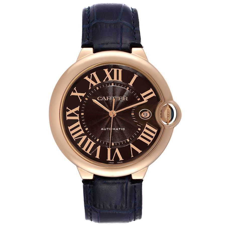 Cartier Ballon Bleu 42 mm Rose Gold Automatic Mens Watch W6920037 Box Card. Automatic self-winding movement. 18K rose gold case 42.0 mm in diameter. Fluted crown set with the blue sapphire cabochon. 18K rose gold smooth bezel. Scratch resistant