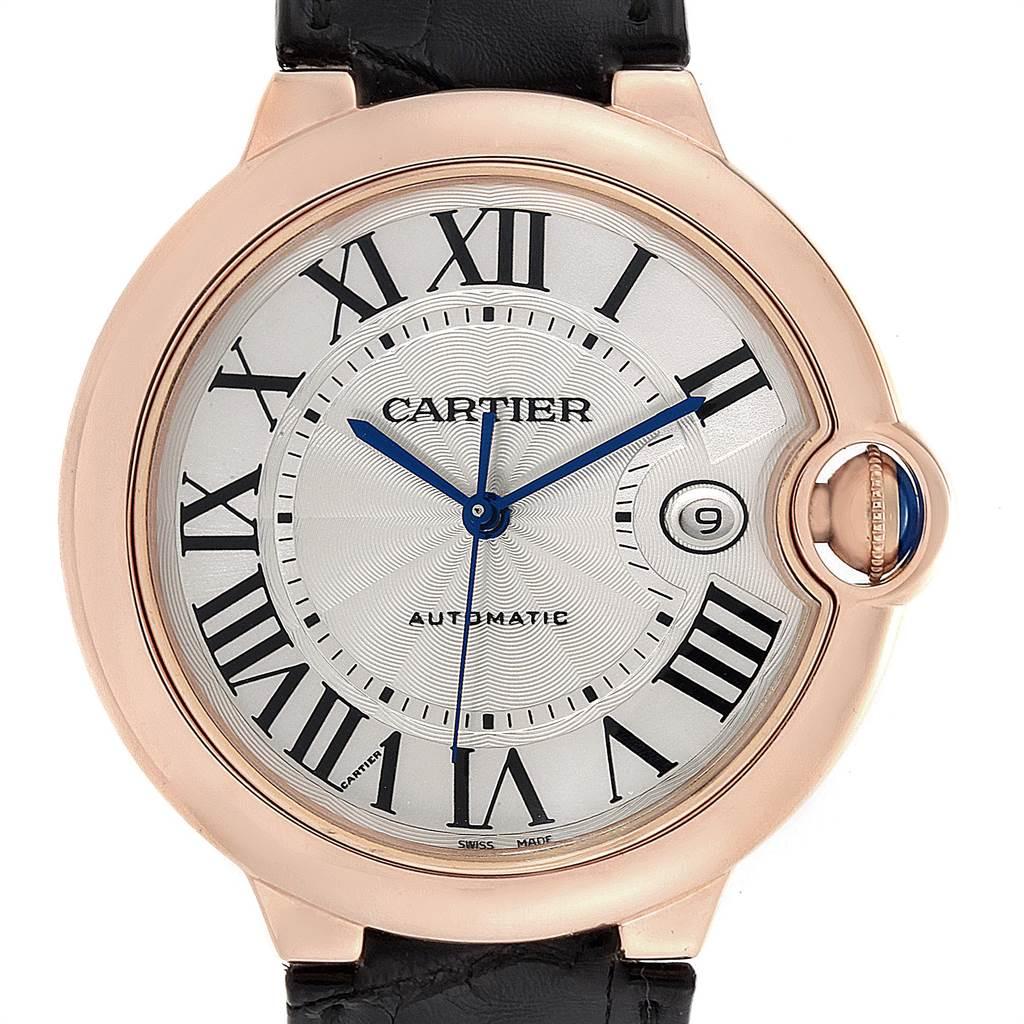 Cartier Ballon Bleu 42 Rose Gold Automatic Mens Watch WGBB0017 Box Papers. Automatic self-winding movement. 18K rose gold case 42.0 mm in diameter. Fluted crown set with the blue sapphire cabochon. 18K rose gold smooth bezel. Scratch resistant