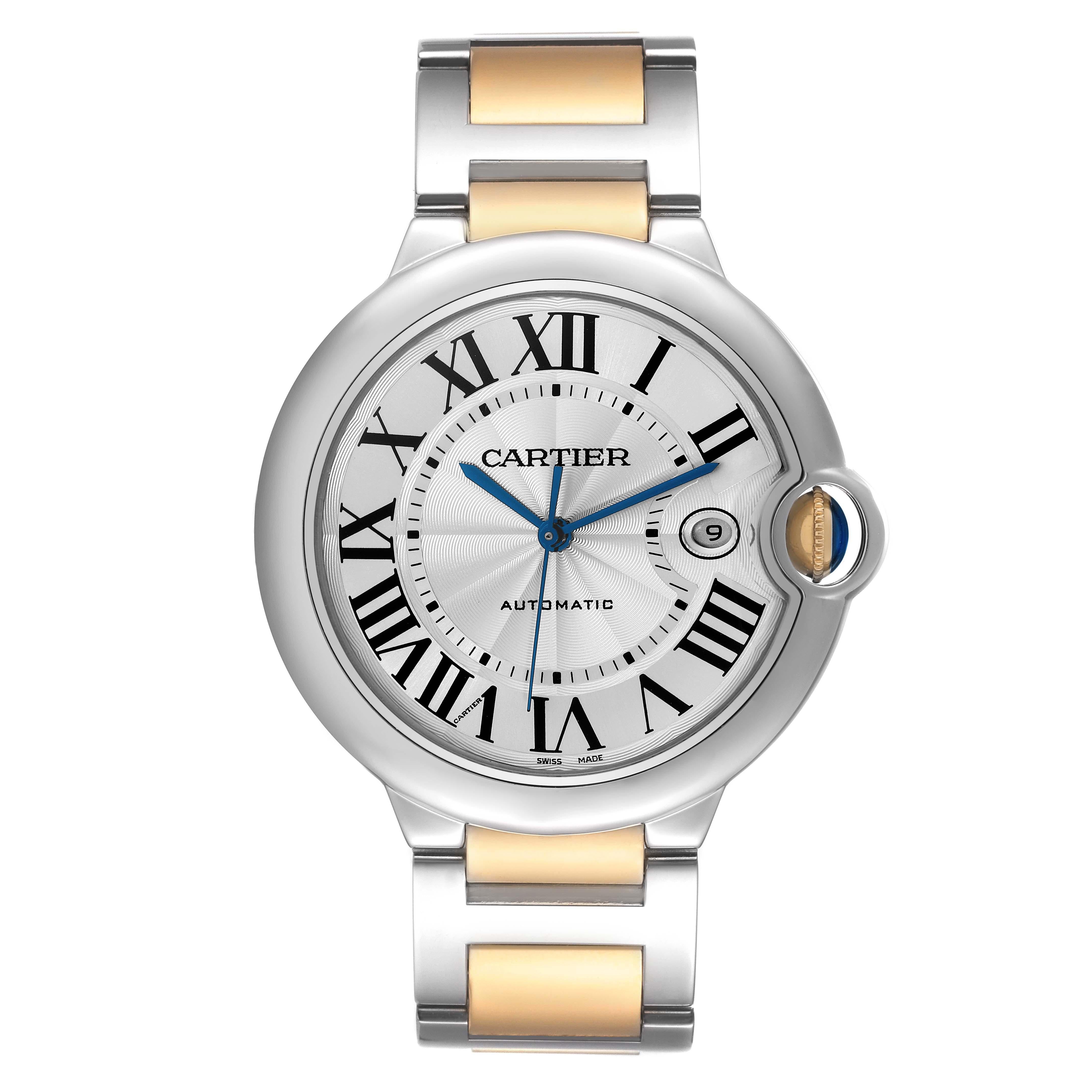 Cartier Ballon Bleu 42 Silver Dial Yellow Gold Steel Mens Watch W2BB0022 Card. Automatic self-winding movement. Round stainless steel case 42.0 mm in diameter, 13 mm thick. Fluted crown set with the blue spinel cabochon. Smooth stainless steel