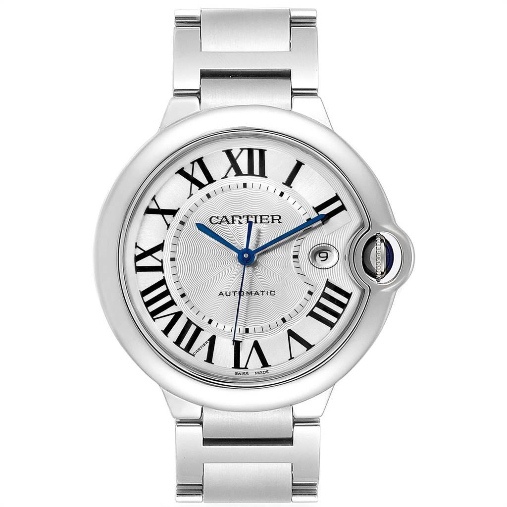 Cartier Ballon Bleu 42 Silvr Dial Automatic Steel Unisex Watch W69012Z4. Automatic self-winding movement. Round stainless steel case 42.0 mm in diameter, 13 mm thick. Fluted 18k crown set with the blue spinel cabochon. Fixed smooth bezel. Scratch
