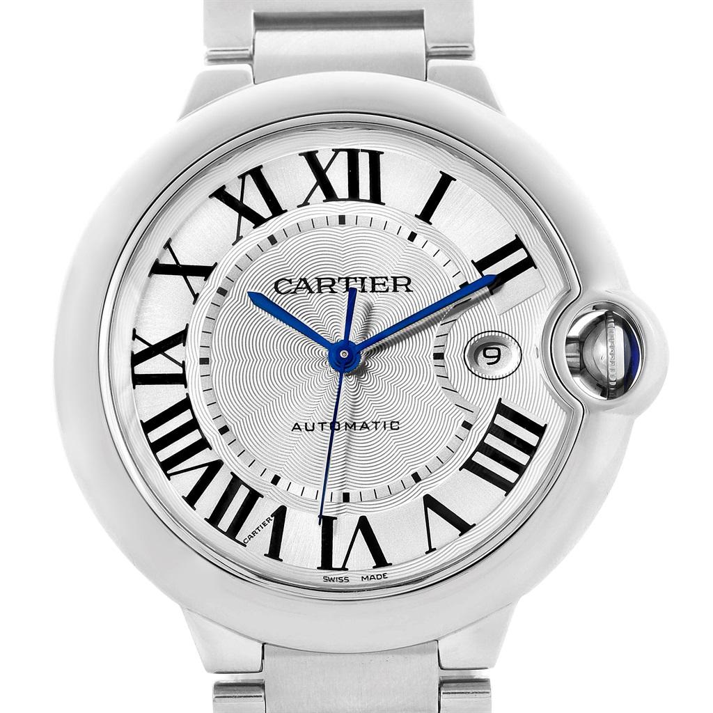 Cartier Ballon Bleu 42 Steel Automatic Mens Watch W69012Z4 Box Papers. Automatic self-winding movement. Round stainless steel case 42.0 mm in diameter, 13 mm thick. Fluted 18k crown set with the blue spinel cabochon. Fixed smooth bezel. Scratch