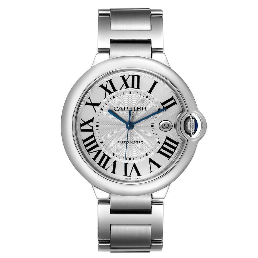 Cartier Ballon Bleu 42 Steel Automatic Silver Dial Mens Watch W69012Z4. Automatic self-winding movement. Round stainless steel case 42.0 mm in diameter, 13 mm thick. Fluted 18k crown set with the blue spinel cabochon. Stainless steel smooth bezel.