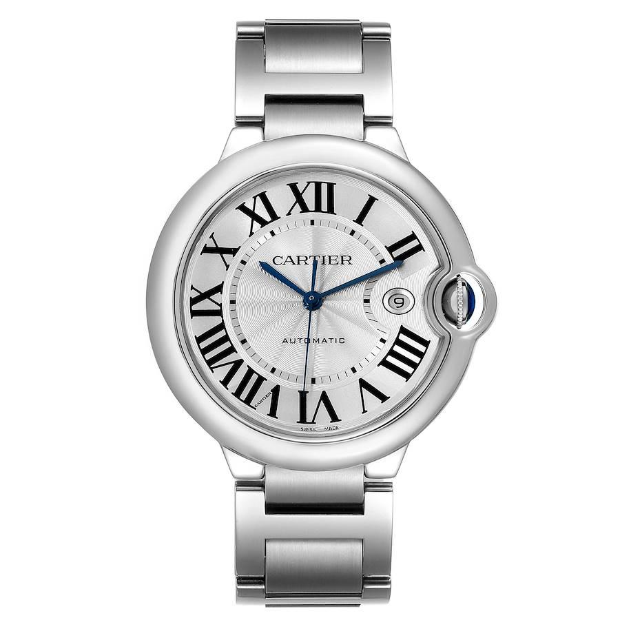 Cartier Ballon Bleu 42 Steel Automatic Silver Dial Mens Watch W69012Z4 Papers. Automatic self-winding movement. Round stainless steel case 42.0 mm in diameter, 13 mm thick. Fluted 18k crown set with the blue spinel cabochon. Smooth bezel. Scratch