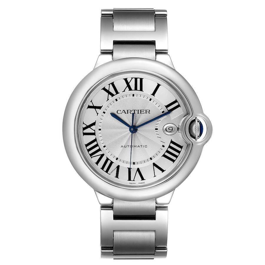 Cartier Ballon Bleu 42 Steel Automatic Silver Dial Watch W69012Z4 Box Papers. Automatic self-winding movement. Round stainless steel case 42.0 mm in diameter, 13 mm thick. Fluted 18k crown set with the blue spinel cabochon. Smooth bezel. Scratch