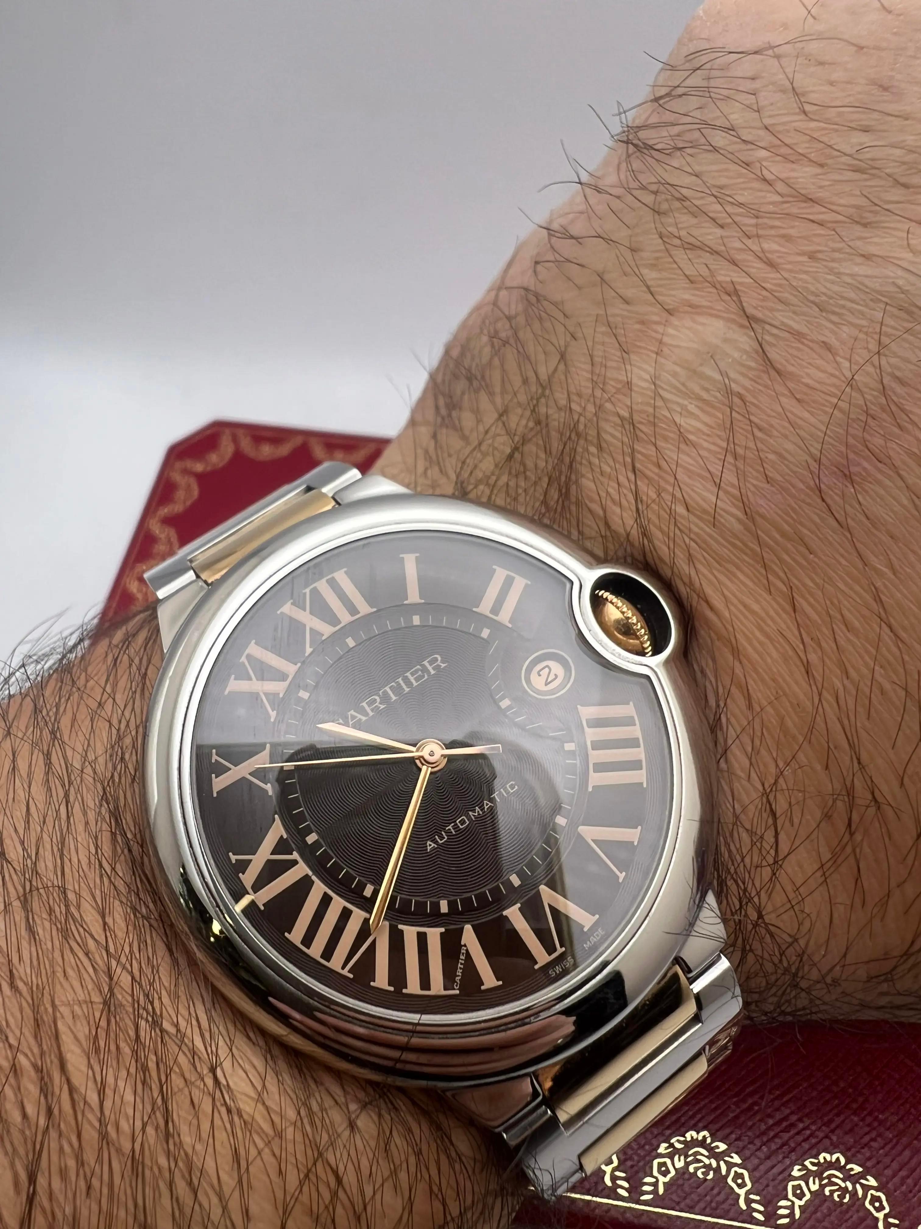 Cartier Ballon Bleu 42 mm Oro rosa 18 quilates y acero Caja de chocolate Papeles W6920032 en Excelente estado para la venta en New York, NY