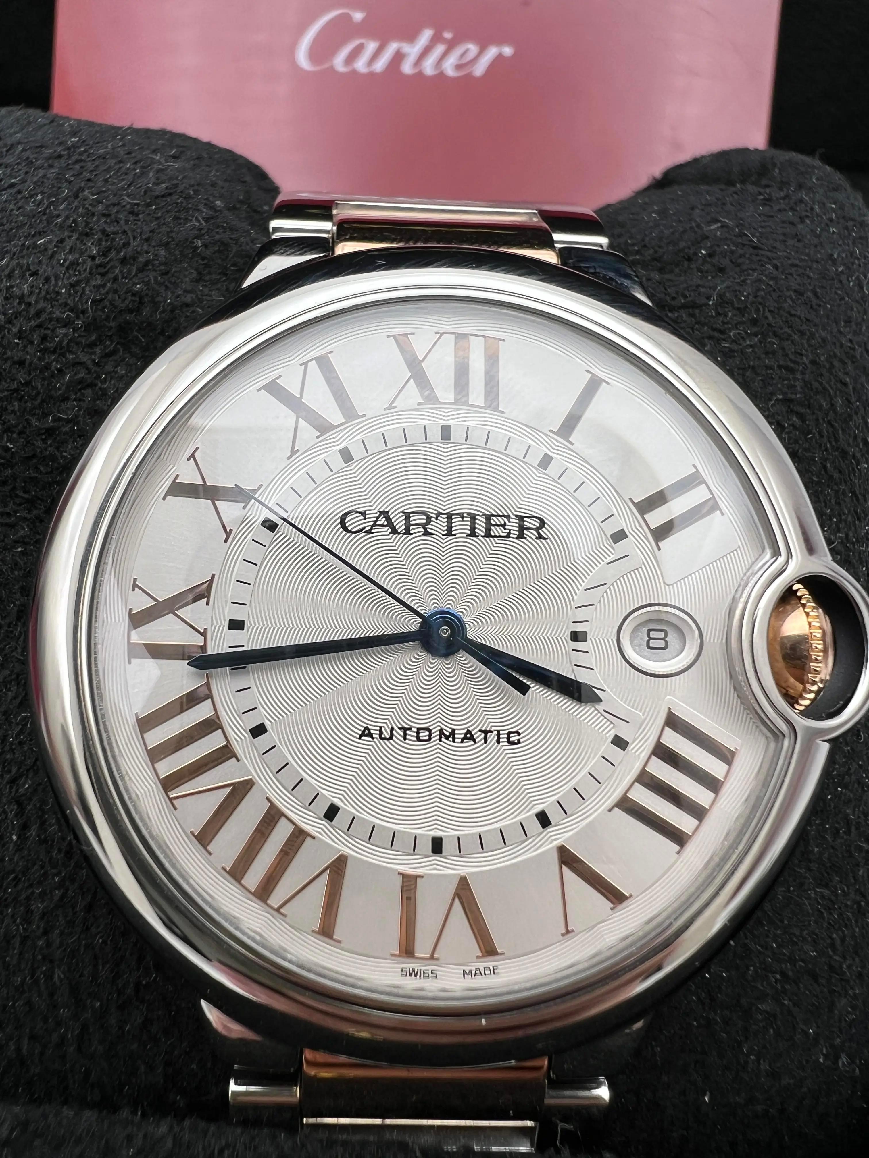 Cartier Ballon Bleu 42mm 18K Rose Gold & Steel Silver Roman Numeral W6920095 B&P In Excellent Condition For Sale In New York, NY