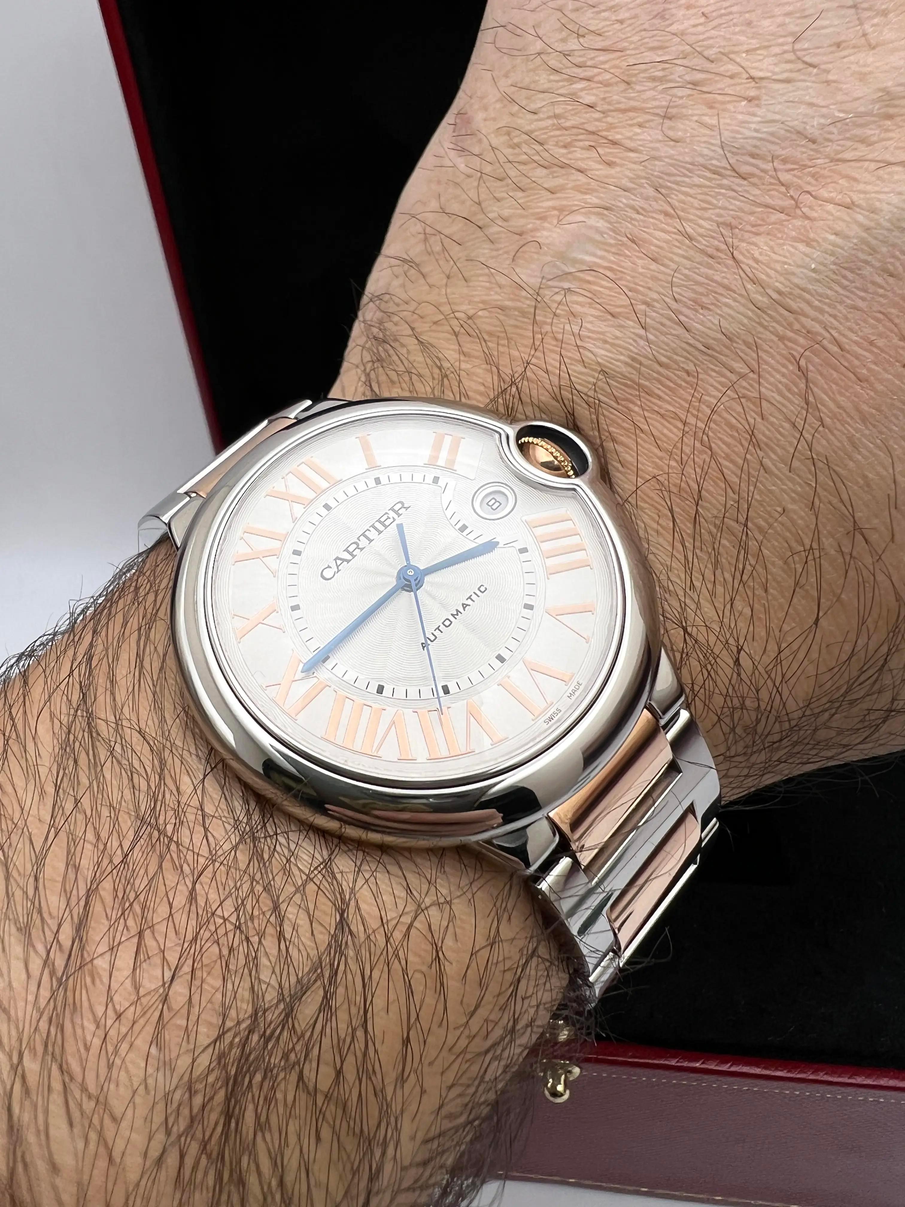 Women's or Men's Cartier Ballon Bleu 42mm 18K Rose Gold & Steel Silver Roman Numeral W6920095 B&P For Sale