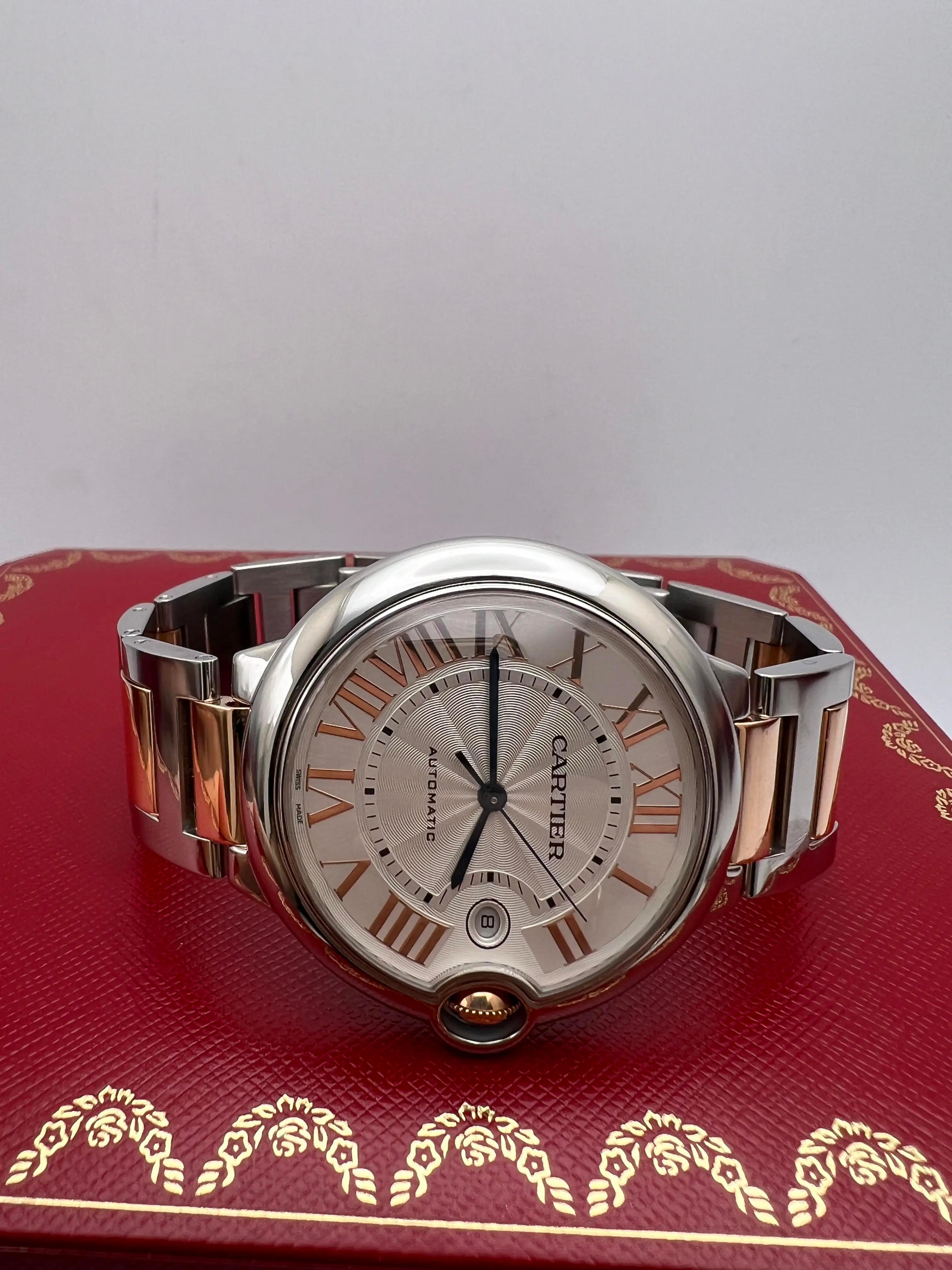 Cartier Ballon Bleu 42mm 18K Rose Gold & Steel Silver Roman Numeral W6920095 B&P For Sale 1