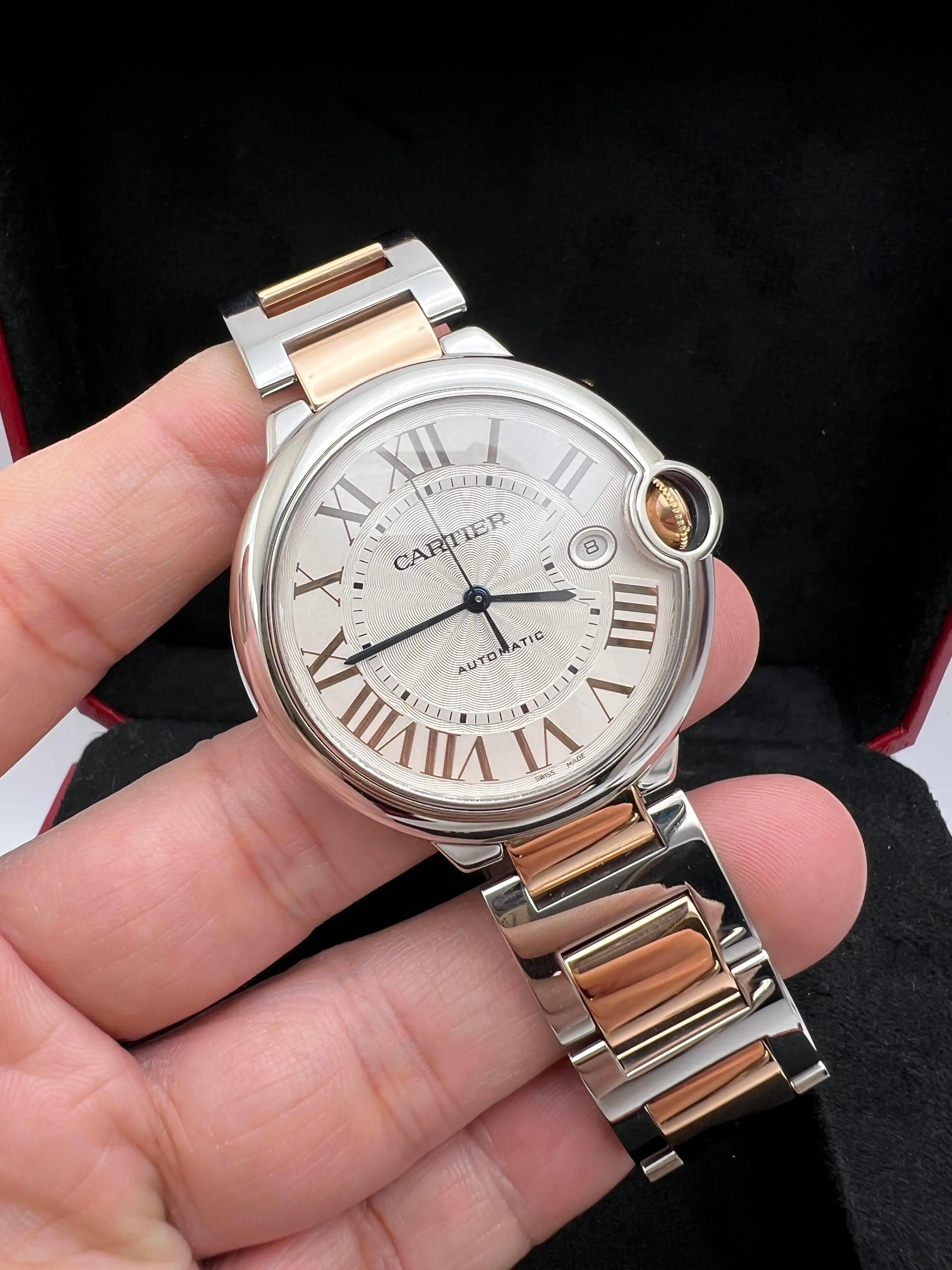 Cartier Ballon Bleu 42mm 18K Rose Gold & Steel Silver Roman Numeral W6920095 B&P For Sale 2