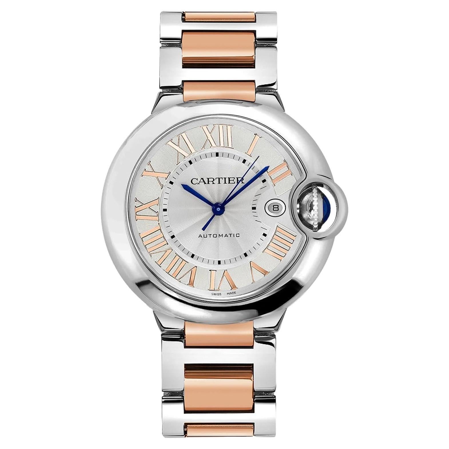 Cartier Ballon Bleu 42mm 18K Roségold & Stahl Silber römische Zifferblatt W6920095 B&P