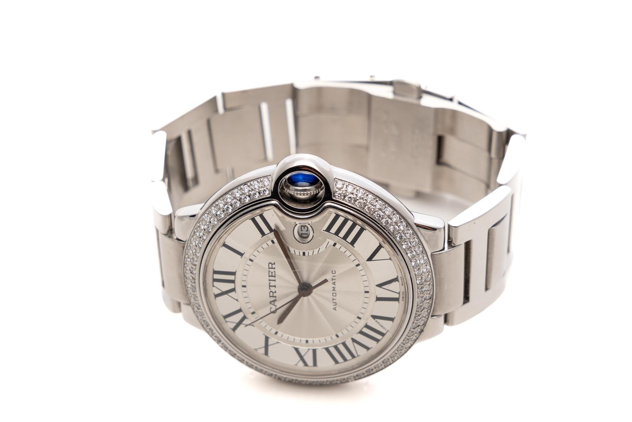 Cartier Ballon Bleu 42mm Automatic 2-Row Diamonds Bezel Silver Dial Ref 3001 In Excellent Condition In București, București
