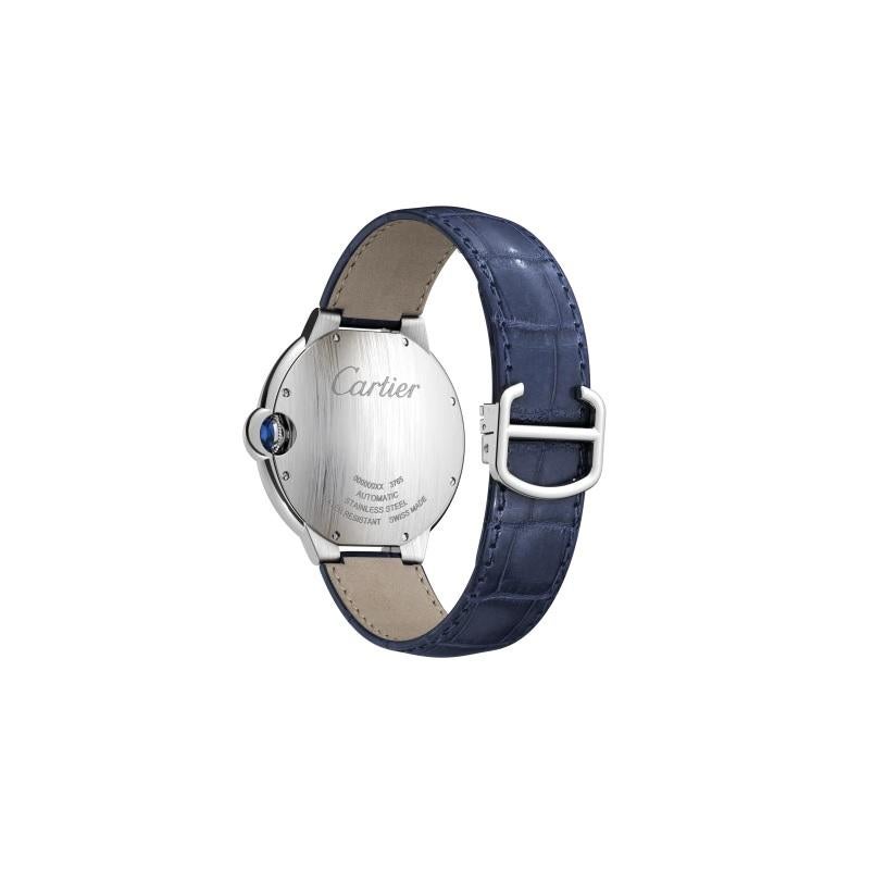 Ballon Bleu de Cartier watch, 42 mm, Manufacture mechanical movement with automatic winding, caliber 1847 MC. Steel case, fluted crown set with a cabochon-shaped synthetic spinel, blue dial, Roman numerals, sword-shaped hands, sapphire crystal, blue