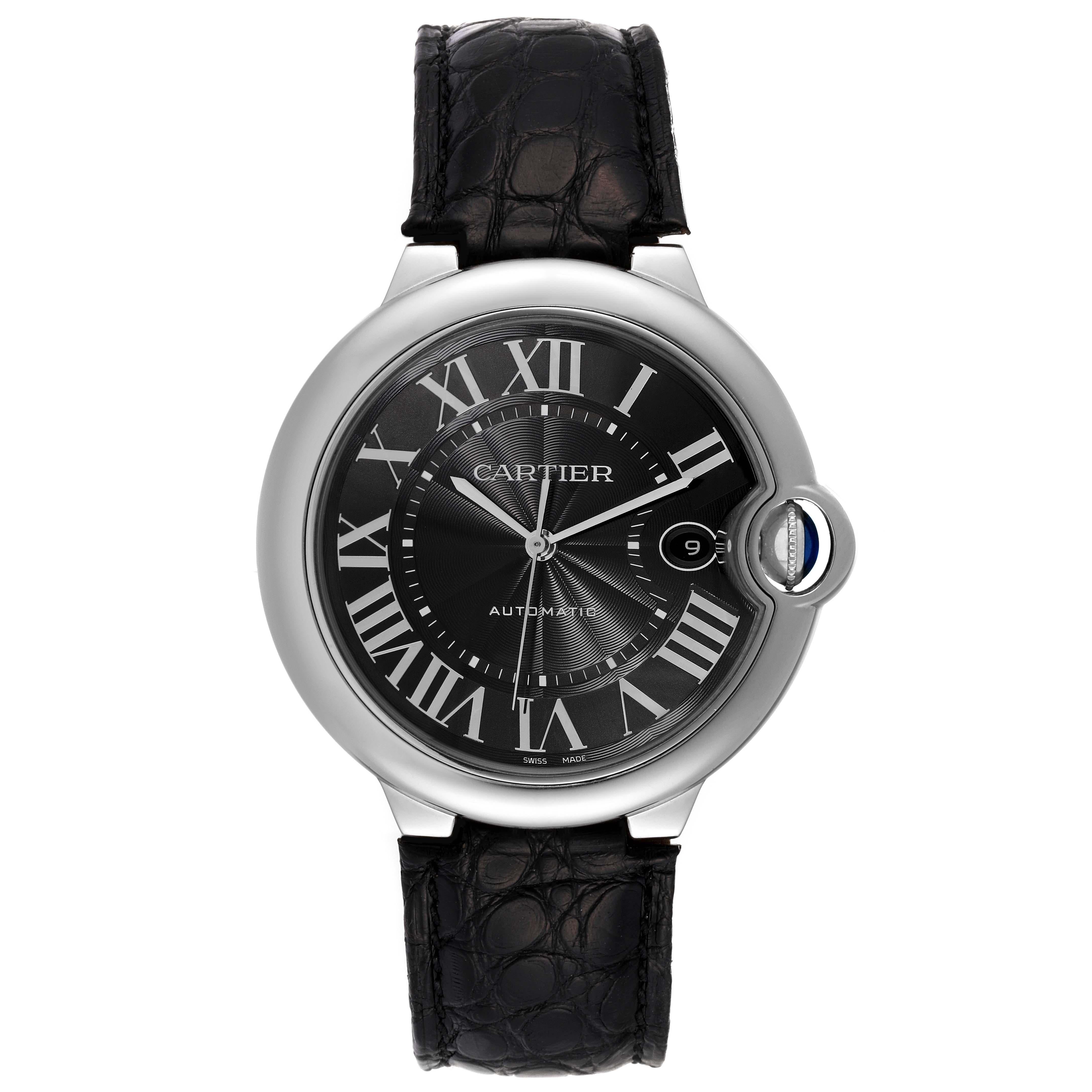 Cartier Ballon Bleu 42mm Black Dial Steel Mens Watch WSBB0003 Papers. Automatic self-winding movement. Round stainless steel case 42.1 mm in diameter, 13.03 mm thick. Fluted crown set with the blue spinel cabochon. Stainless steel smooth bezel.