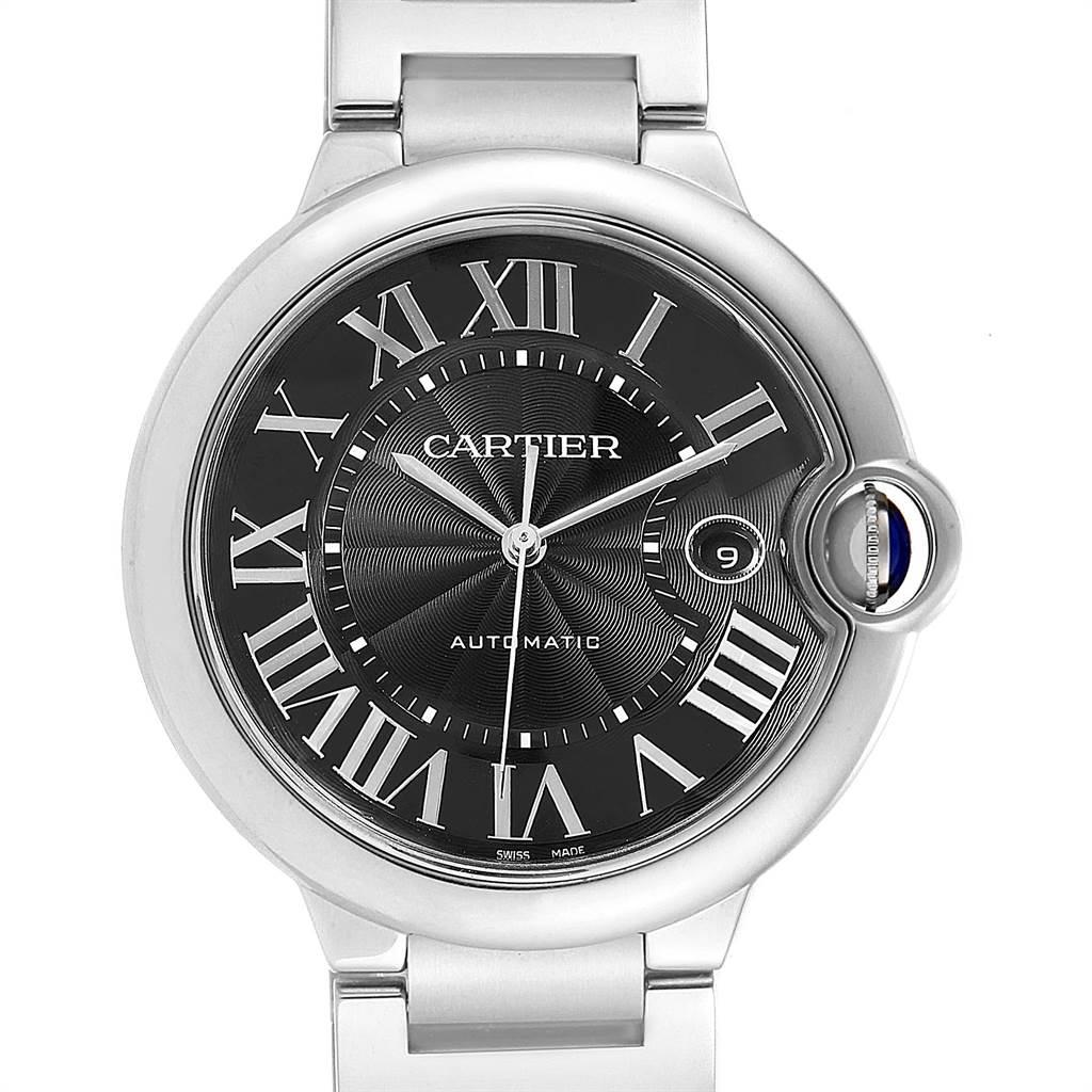 Cartier Ballon Bleu 42mm Black Guilloche Dial Steel Mens Watch W6920042. Automatic self-winding movement. Round stainless steel case 42 mm in diameter, 13 mm thick. Fluted crown set with the blue spinel cabochon. Stainless steel smooth bezel.