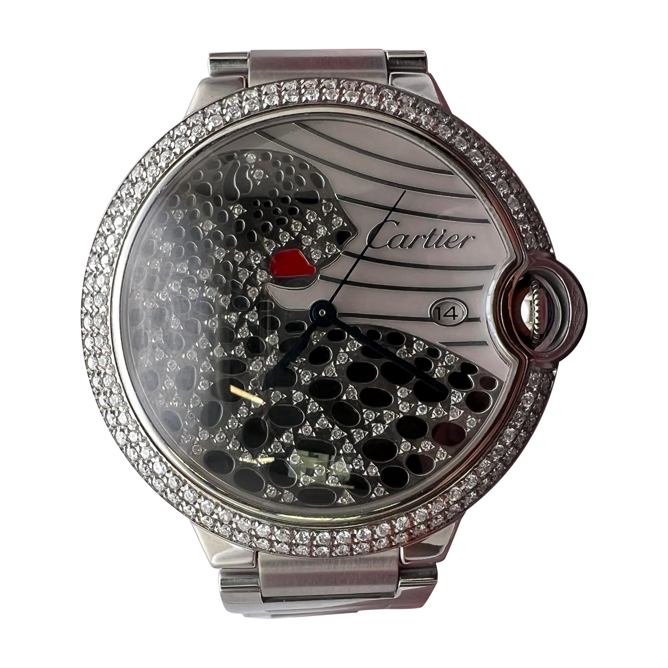 Cartier Ballon Bleu 42 mm Quadrante e lunetta con diamanti personalizzati Panther W69012Z4 in vendita