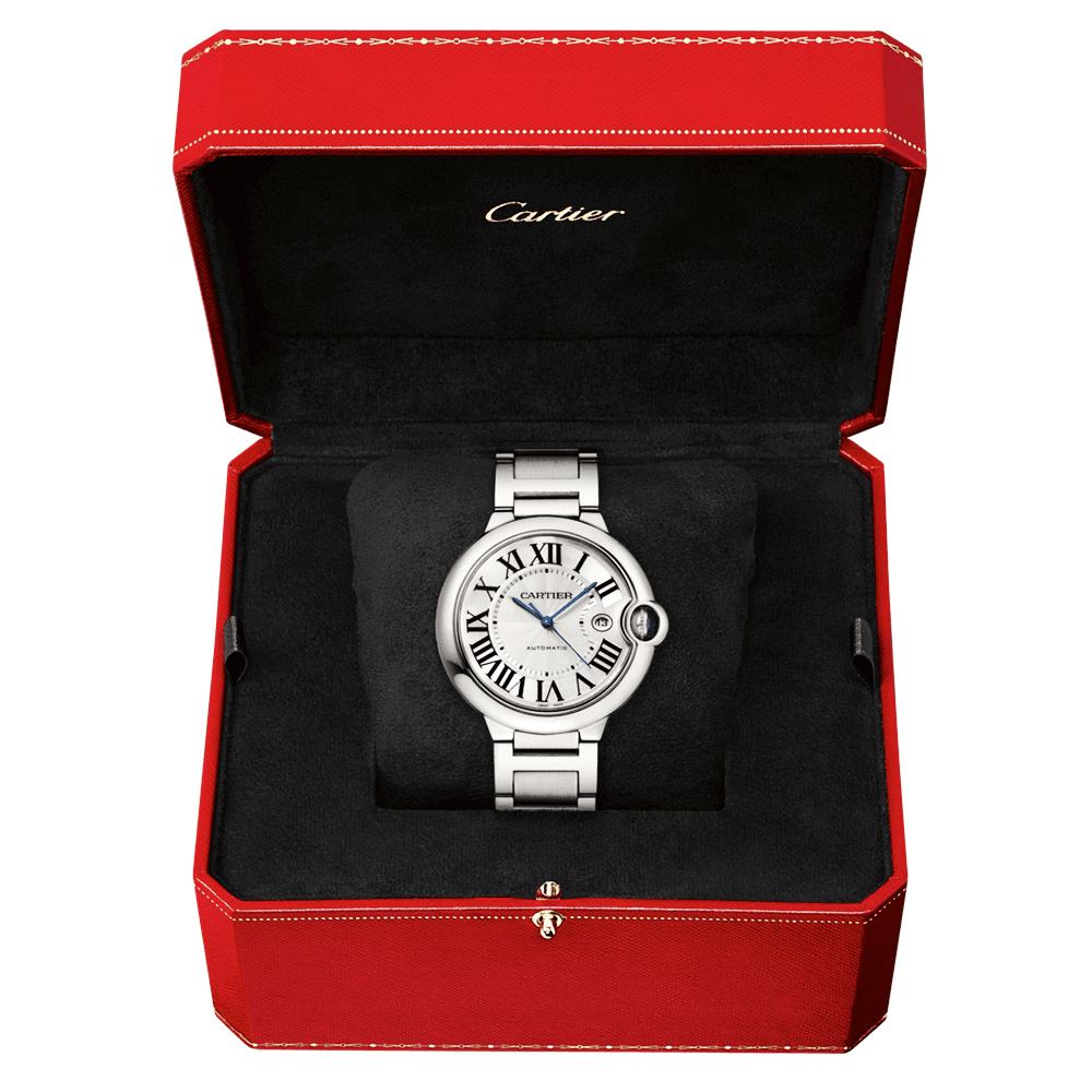 Cartier Ballon Blue de Cartier Watch 42mm Silver Dial Stainless Steel Bracelet. 

This 42mm men’s Ballon Bleu de Cartier watch features blued steel central hands, guided on their path by a set of traditional Roman numerals. Loyal Cartier watch