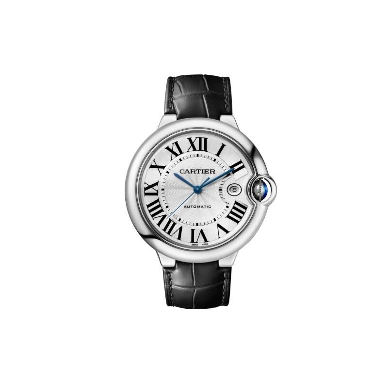 Ballon Bleu de Cartier watch, 42 mm. Mechanical movement with automatic winding, caliber 1847 MC. Steel case, fluted crown set with a cabochon synthetic spinel, silver guilloché opaline dial. Blued-steel sword-shaped hands, sapphire crystal, black
