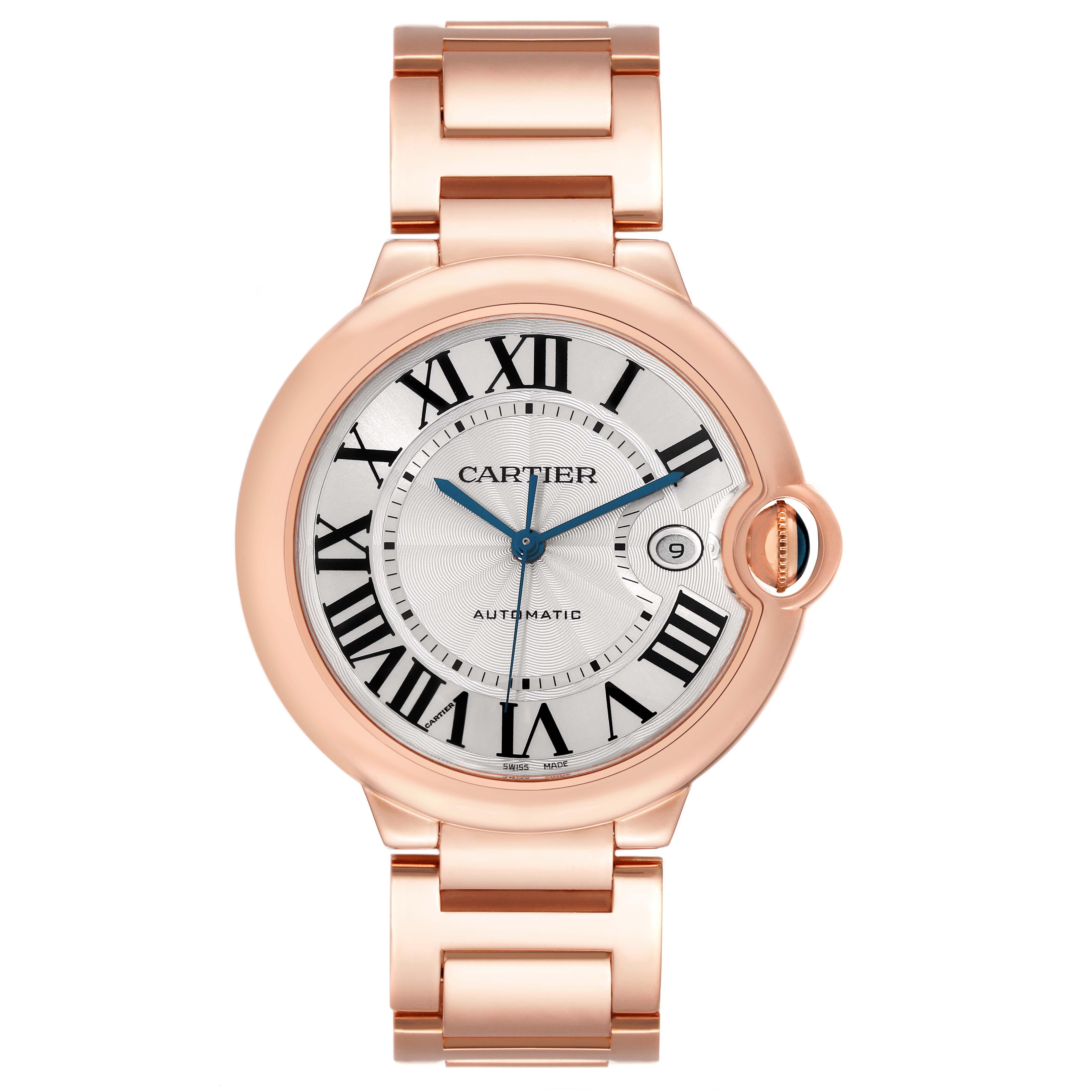 Cartier Ballon Bleu 42mm Rose Gold Automatic Mens Watch W69006Z2 Box Papers. Automatic self-winding movement. 18K rose gold case 42.0 mm in diameter. Fluted crown set with the blue sapphire cabochon. 18K rose gold smooth bezel. Scratch resistant