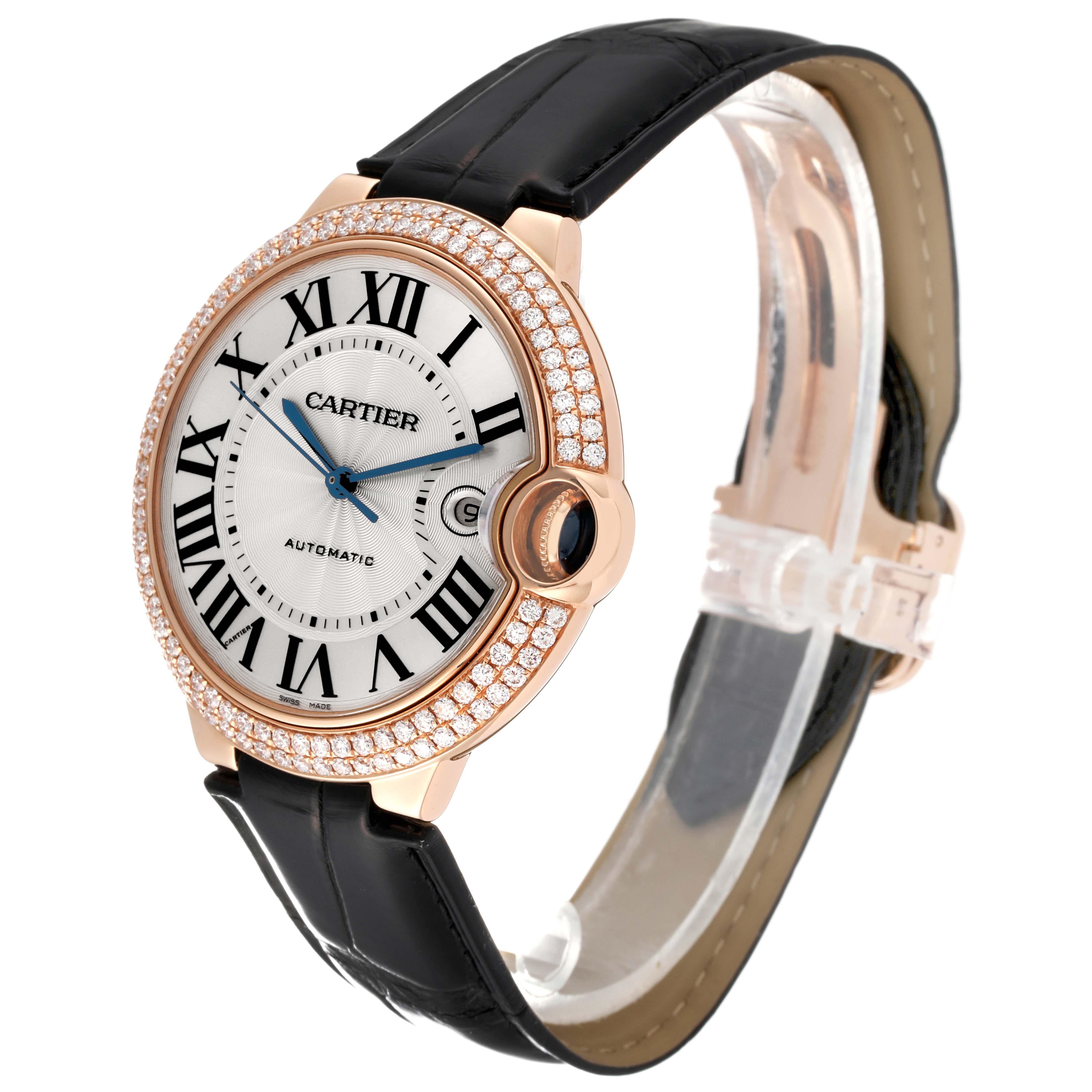 Cartier Ballon Bleu 42mm Rose Gold Diamond Mens Watch WE900851 Box Card. Automatic self-winding movement. 18K rose gold case 42 mm in diameter. Fluted crown set with the blue sapphire cabochon. 18K rose gold original Cartier factory two row diamond