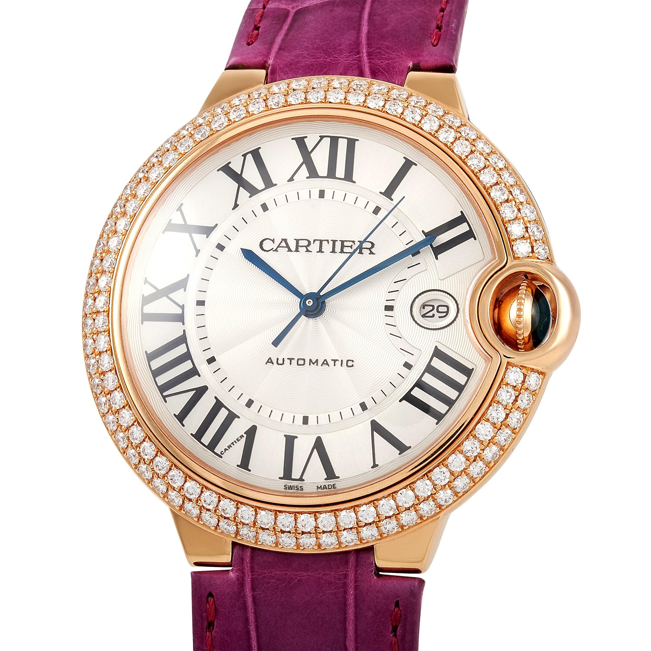 The Cartier Ballon Bleu Watch, reference number WE900851, is a sophisticated piece that is perfect for anyone with refined taste. With a fixed bezel featuring 2 rows of glittering, round-cut diamonds, it’s a luxury piece that is sure to attract