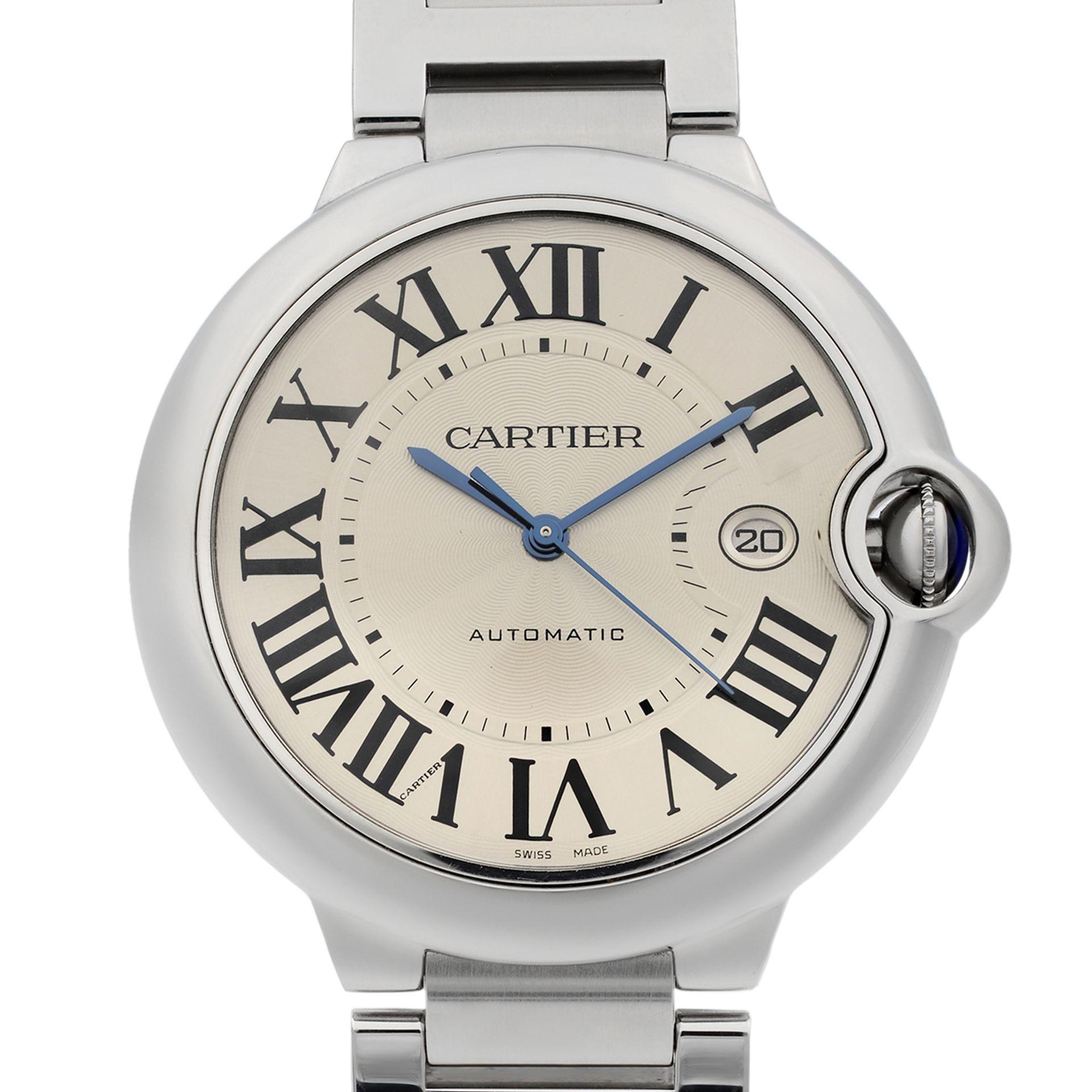 This pre-owned Cartier Ballon Bleu W69012Z4  is a beautiful men's timepiece that is powered by a mechanical (automatic) movement which is cased in a stainless steel case. It has a round shape face, date indicator dial, and has hand roman numerals