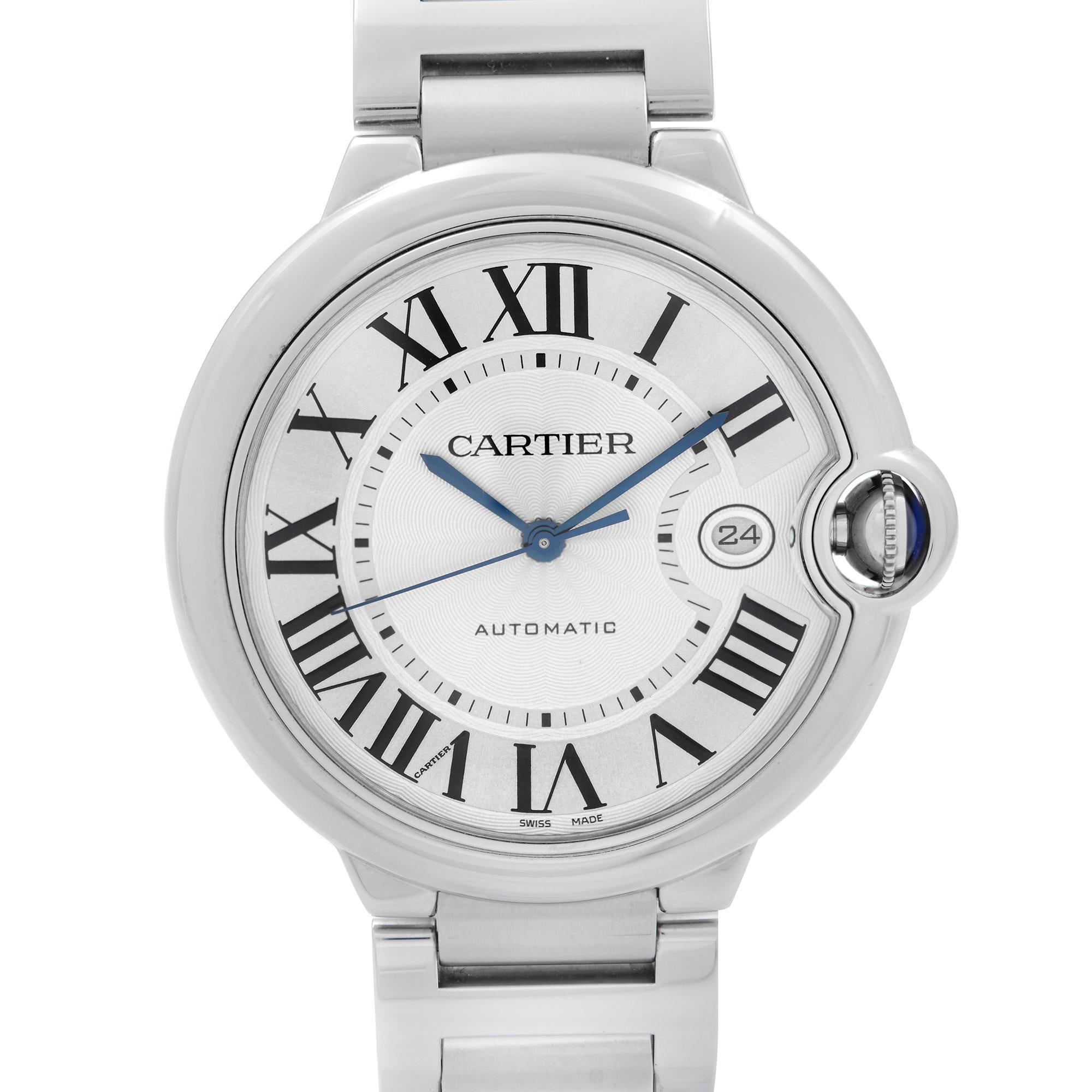 Case reference 3765. Pre-Owned Cartier Ballon Bleu 42mm Stainless Steel Silver Dial Men's Automatic Watch W69012Z4. This Beautiful Timepiece Features: Stainless Steel Case and Bracelet. Steel Crown set with a blue spinel cabochon. Fixed Steel Bezel,