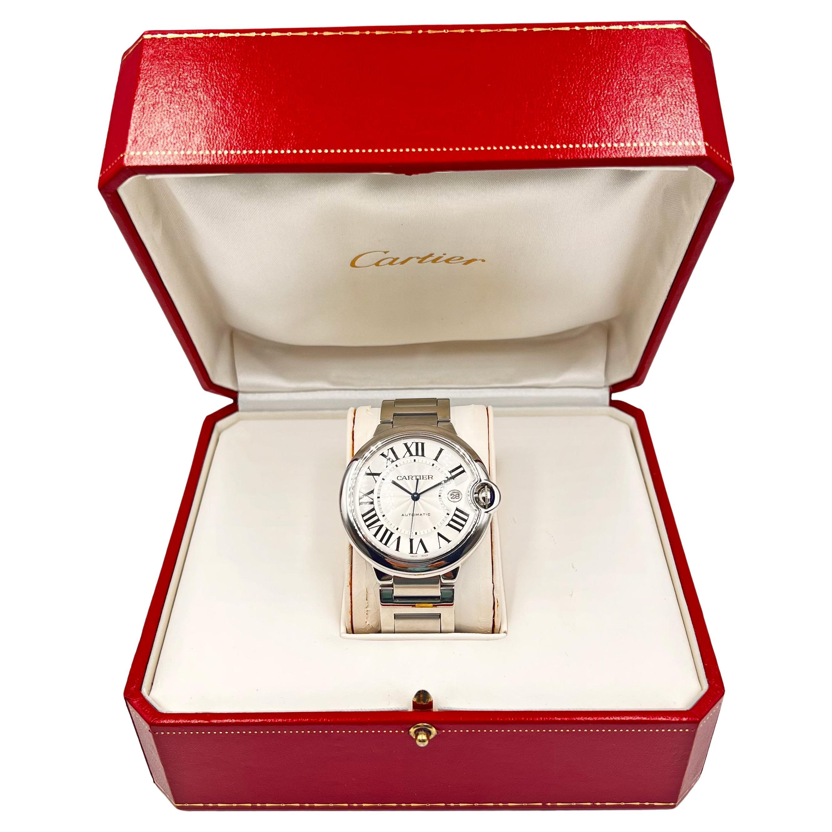 Pre-owned Cartier Ballon Bleu wristwatch (ref. W69012Z4), featuring a self-winding automatic movement; silvered opaline flinqué dial with black Roman numerals & blued-steel, sword-shaped hands; date display at 3 o'clock; center seconds hand; and