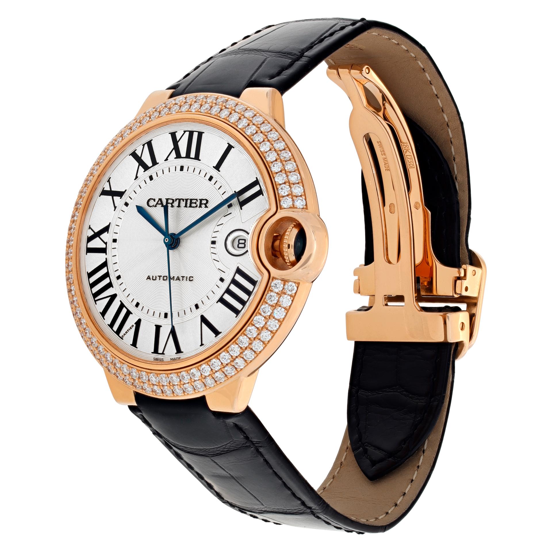 Cartier Ballon Bleu in 18k rose gold with an orignal diamond bezel on a Cartier black matte alligator leather strap on a Cartier 18k rise gold deployant buckle. Auto w/ sweep seconds and date. 42 mm case size. With box, booklets and (open) papers.