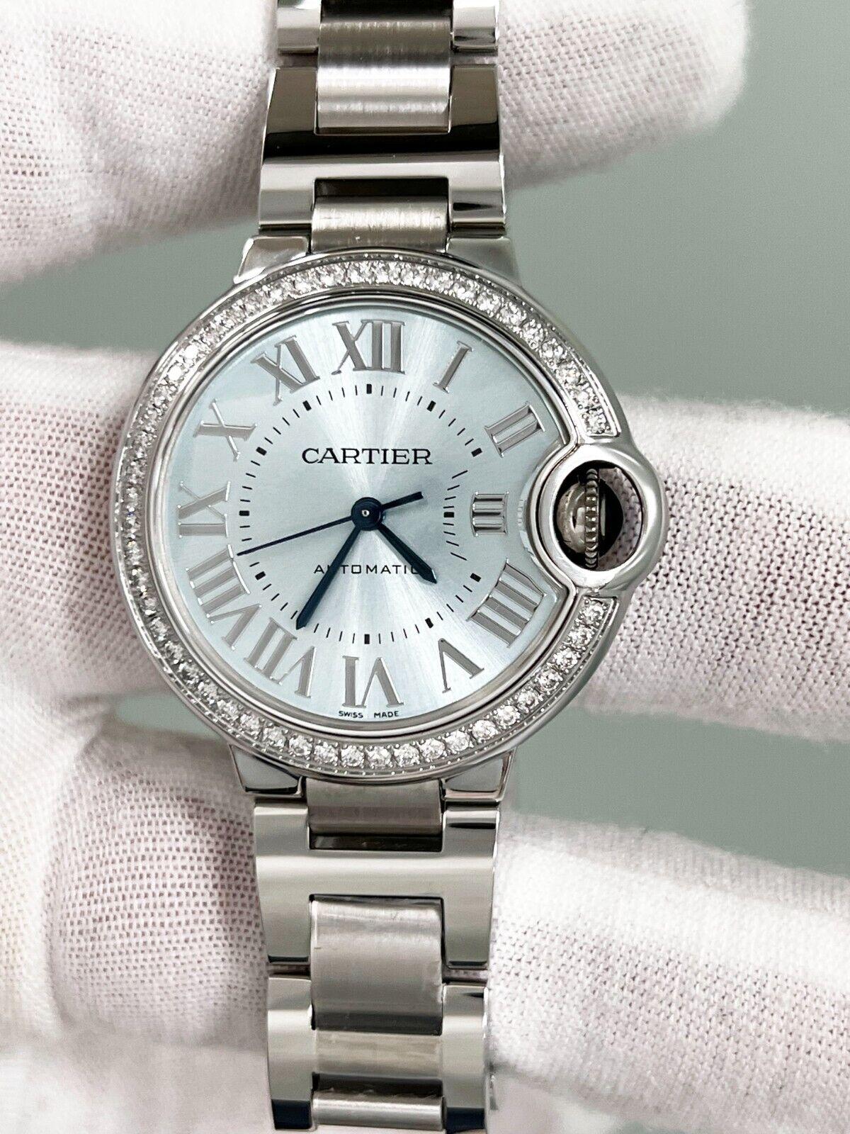 Cartier Ballon Bleu 4373 Ref WSBB0062 Blaues Zifferblatt Diamant-Lünette Stahlschachtel 33mm Damen
